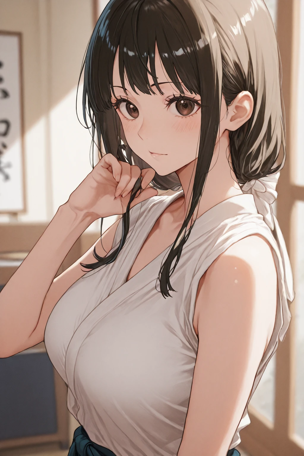 jeongdef, brown hair, brown eyes, long hair
bare shoulders, tiles, breasts, mature female, tile wall, sleeveless, large breasts, sleeveless shirt, smile, 1girl, bangs, closed mouth, turtleneck, skirt, leaning forward, shirt, indoors, sweater, sleeveless sweater, solo, black skirt
masterpiece, best quality