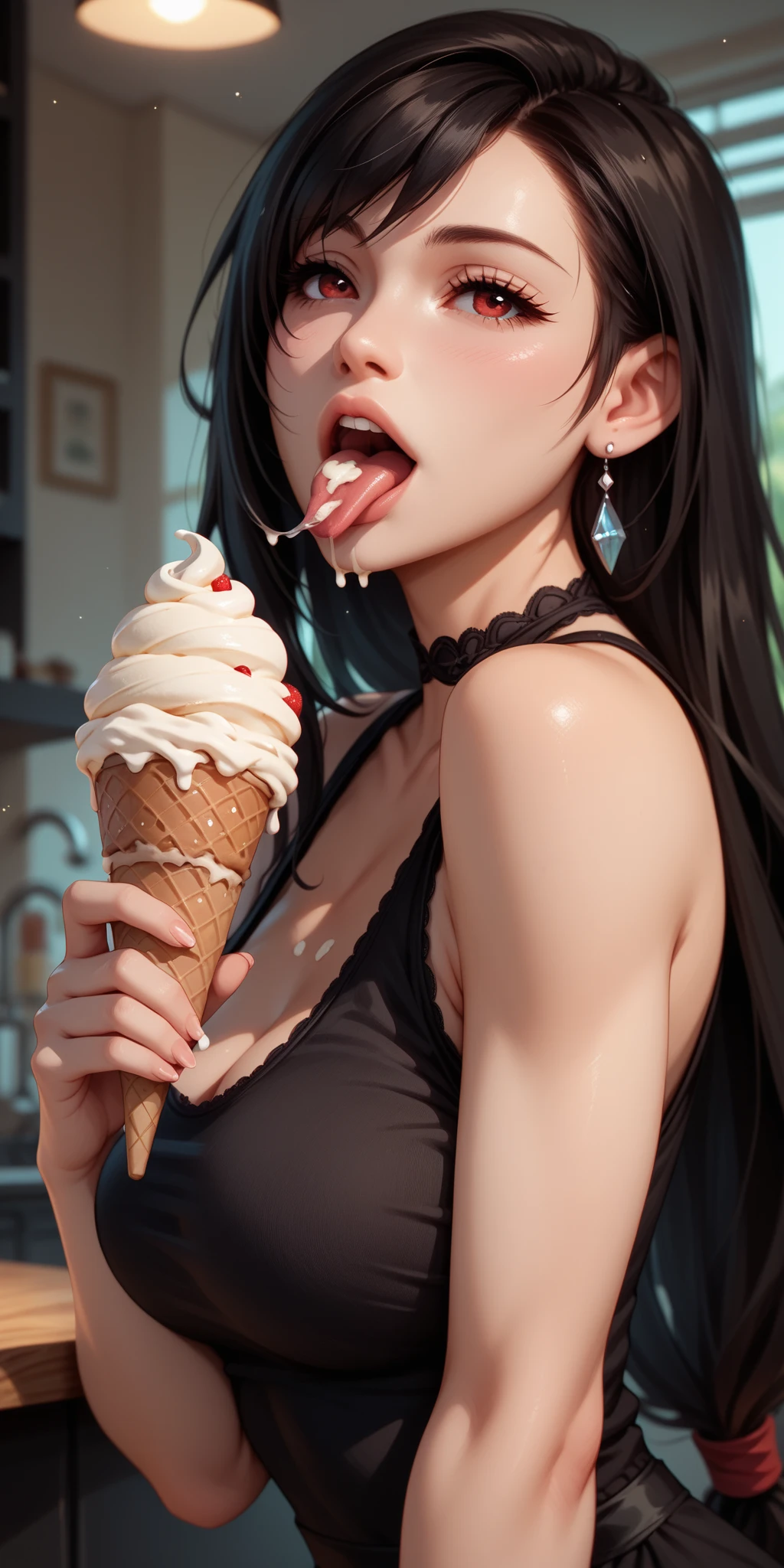 (TinkerWaifu: 1.2), black hair, cute, goddess body, pink locks, wavy hair, yorha 2b costume, rear view, toddler, lying down, sucking an ice cream