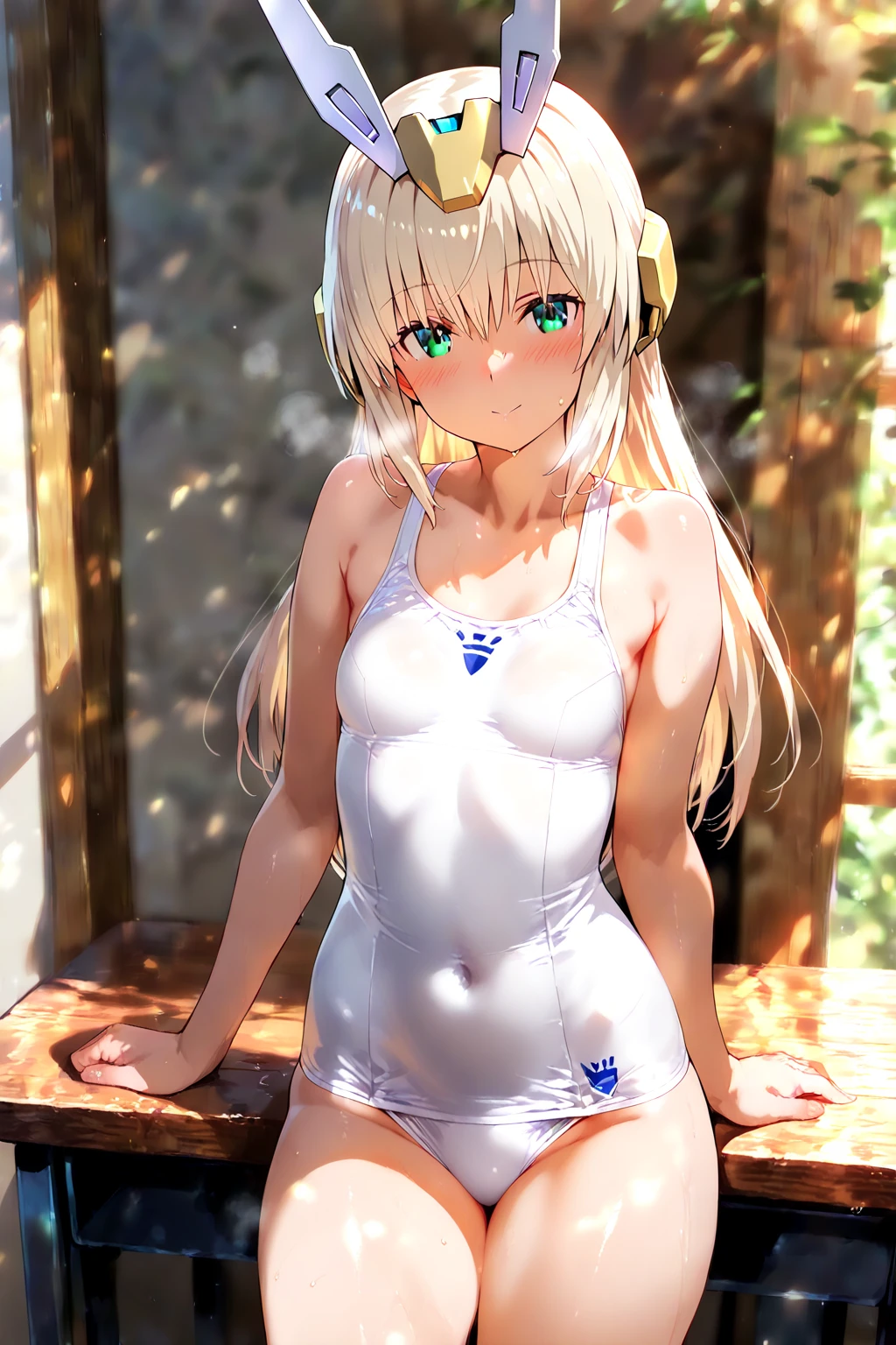 masterpiece, best quality, 1 girl, detailed beautiful face, (white school swimsuit), smiling, short hair, waved hair, twintail, adorable, japanese 14yo, one-piece swimsuit, (small breast), (flat chest), wet skin, shiny skin, nsfw, showing breast, see-through swimsuit, white hair, spread legs