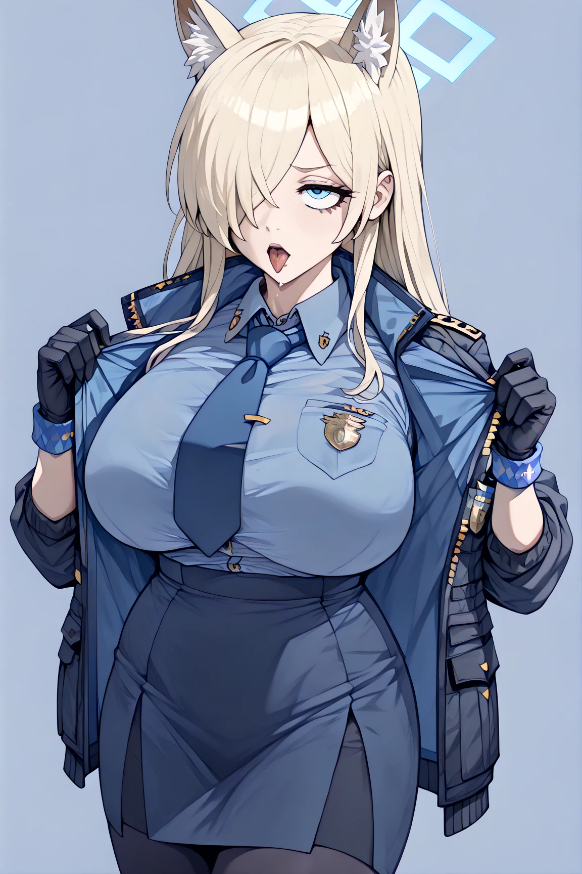 a beautiful 15 years old girl with blonde hair and blue eyes, wearing a police hat and police uniform, with a slim waist and curvy figure, highly detailed portrait, photorealistic, warm lighting, cinematic composition, Perfect sensual fitness body large breast and huge thighs, sexy ass beautiful.