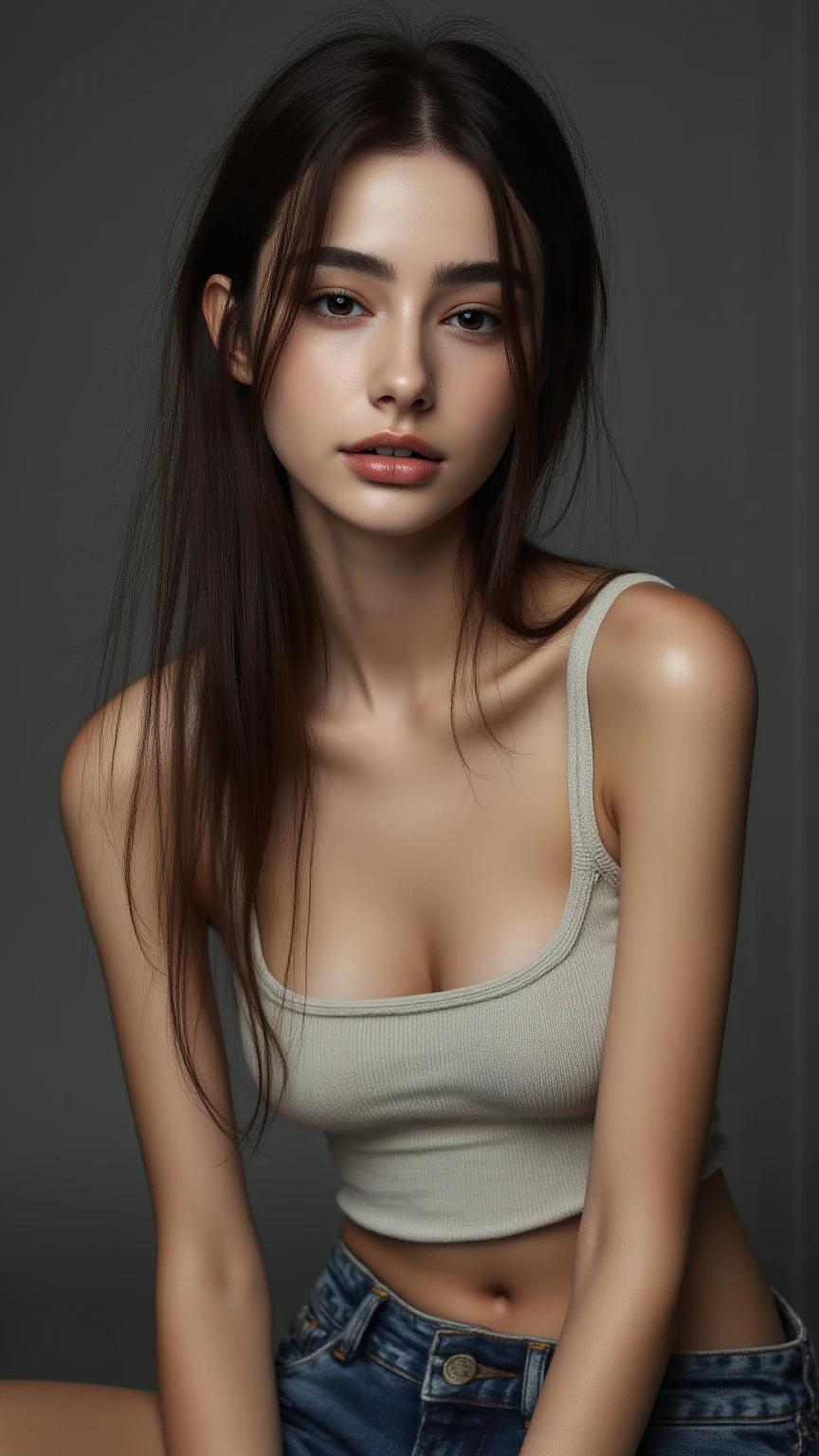 (Margaret Qualley)), (highest quality, High resolution, masterpiece :1.3), Beautiful woman, slender body shape, dark brown hair, sleeveless T-shirt, hard nipples under shirt , Highly detailed face and skin texture, big beautiful eyes, double eyelid, liberty statue, Wishing for something, masterpiece, best quality, photorealistic, Citizen of Guinea-Bissau, very cute super model, perfect anatomy, skinny, cleavage, transparent yellow top