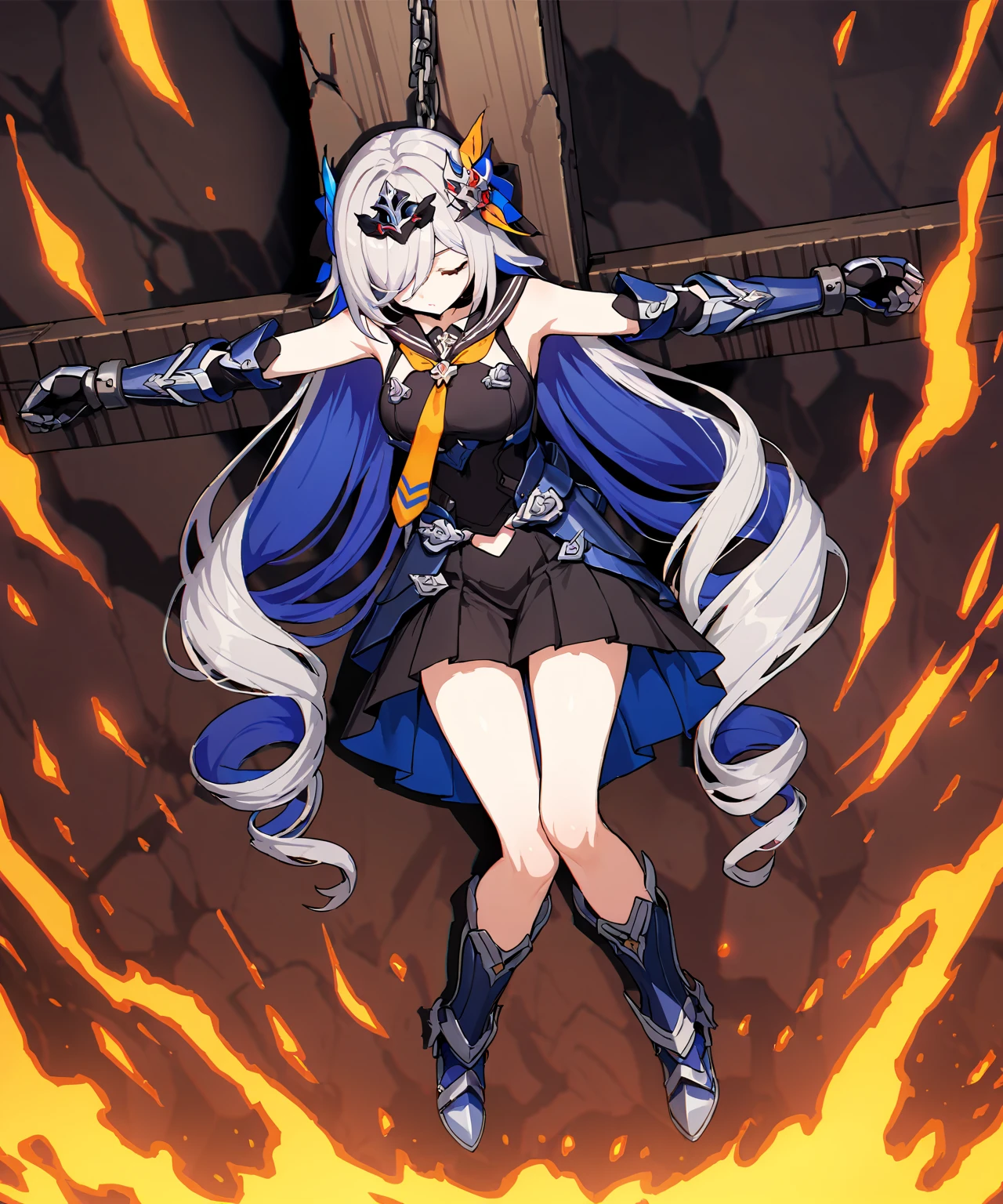 masterpiece, ultra detailed, 8k portrait, RAW photo, portrait photography, highly detailed face, beautiful and meticulous eyes, dark blue hair, long hair, blue eyes, white hair ribbon,  (dark blue French maid costume:1.5), white tights, half boots, spread legs, standing, (holding a giant sickle:1.5), by the old castle, in mid night, from below, (cameltoe:1.5)