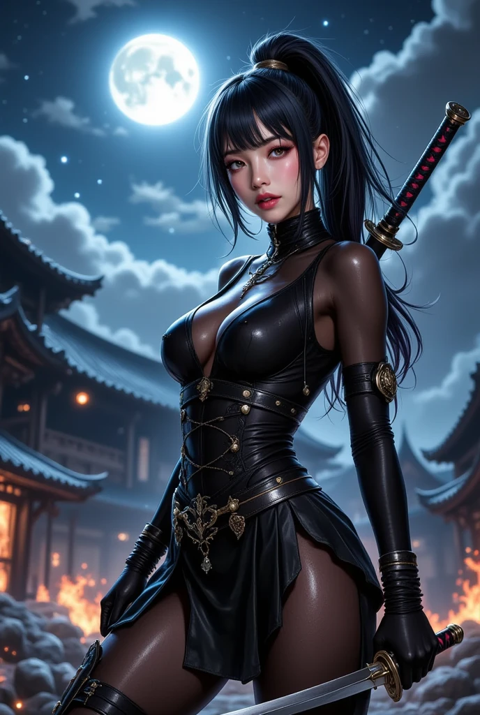 (16k, masterpiece, best quality), ultra-detailed, detailed beautiful round eyes, beautifully detailed face, high quality, high resolution, female ninja holding a dagger sitting on the roof, ninja suit, ninja, village background, nighttime, side view, big breast, perfect boobs, mature women, ponytail, low ISO