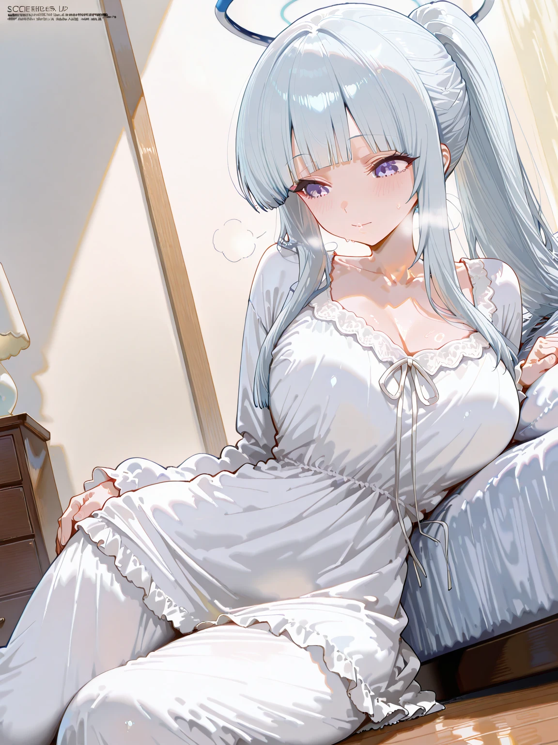 Ayaka, Blue long hair, Pretty Face,Smile,Close to hip, Giant breasts, Sitting on the bed, Wearing beautiful white pajamas, (open mouth:0.4),illustration,Detailed texture(Realist),Extremely detailed,Portrait Style,Bright colors,Soft lighting, blush, Mature, No, Flying hair, Breast tenderness