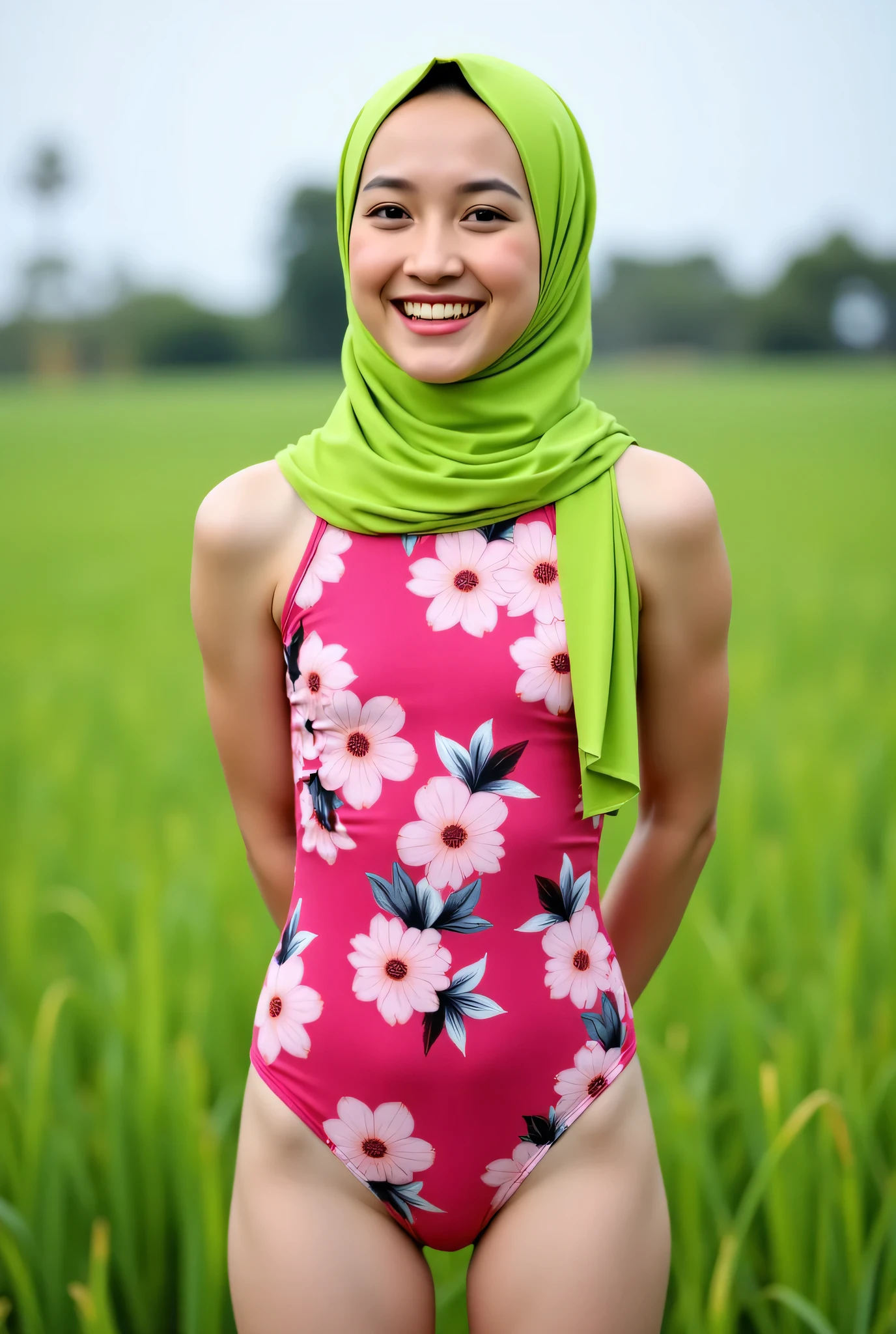 Just Front photo, (thin body) "Facial expression in Happy Orgasm", Wearing flora print hijab, Skinny hijab skinny hijab skinny hijab skinny hijab, (photorealistic:1.6) (Indonesian green Fluorescent hijab), (mini tiny tights Hotpants), background rice paddy. daytime atmosphere, flat chest!, hands behind back while legs astride, Look from the front you are stupid!, wearing Fully pink flora print tight dress chubby pussy