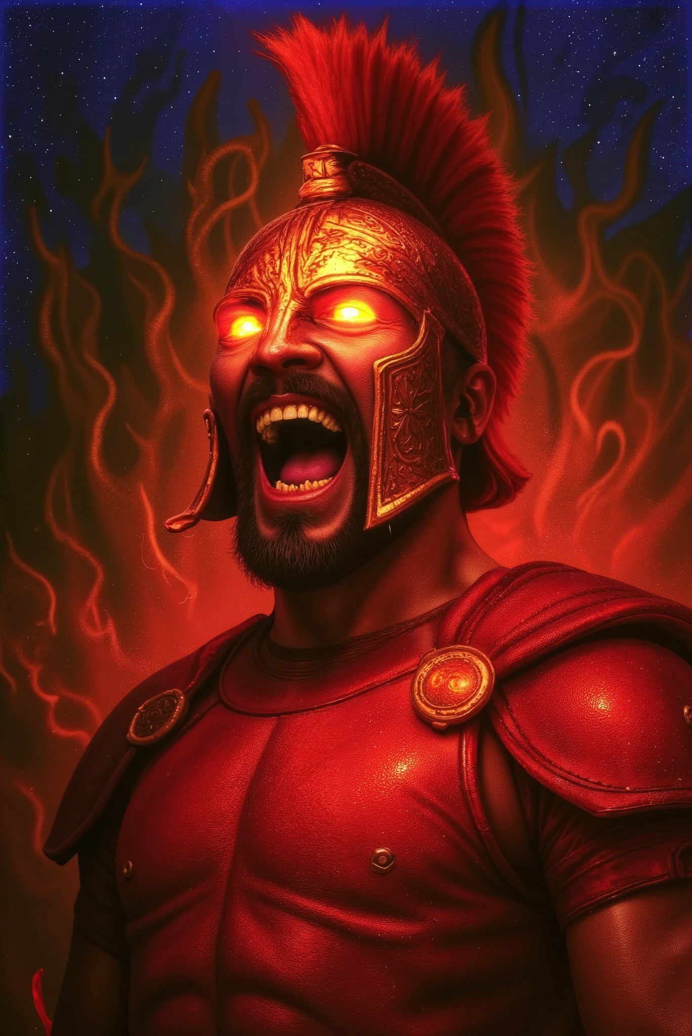 Ares, the Greek god of war, wearing a blood-red leather Spartan armor and a glowing bronze Corinthian helmet with a tall flaming plume. His head is tilted upward as if looking toward the sky, yet his fiery eyes burn with fury as they stare at the viewer. He laughs maniacally, mouth wide open, revealing sharp teeth. A glowing red aura radiates from his body, casting harsh shadows. The background is dark and smoky, filled with distorted shadows and a threatening atmosphere. Dramatic digital painting style, with strong contrast between red light and surrounding darkness.