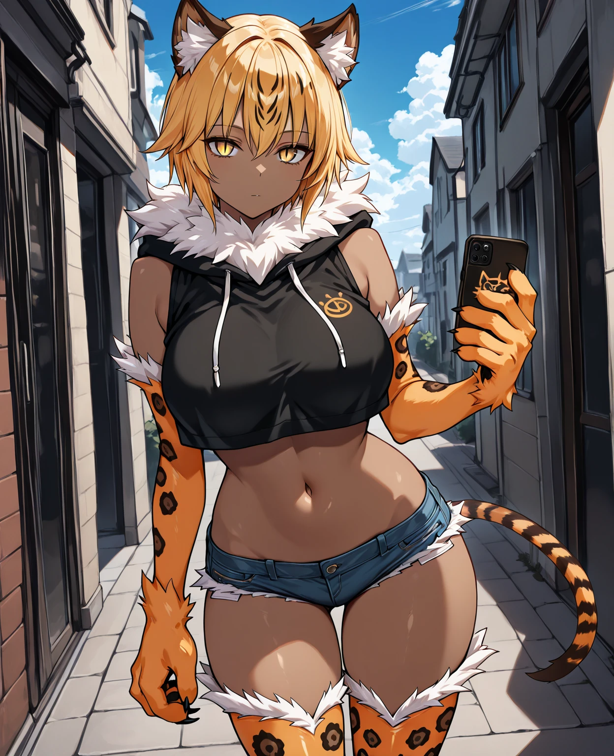 young girl, short blonde hair, turquoise eyes, Smile, cat ears, Black Top, black shorts, green jacket, open belly, zipper, Masterpiece, hiquality, 4k, HD, Good detail