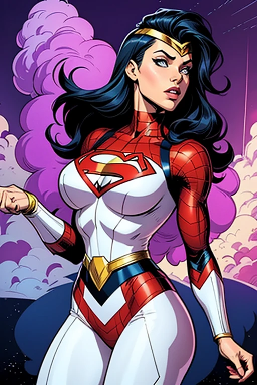Stretcher comic book woman, happy, smiling, long hair, huge ponytail, athletic, toned, thin, womanly, rubbery, elastic woman, white and red spandex, rubber body, brunette, ((huge breasts)), city street, daytime, heroic, cheerful, boobsandwarlock