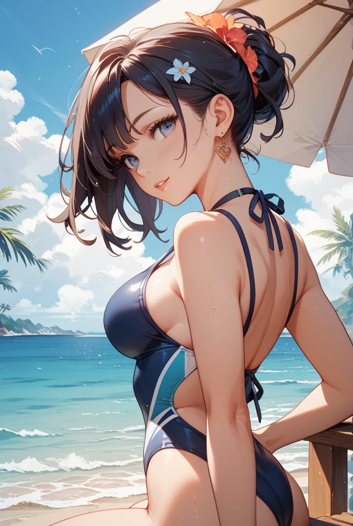 looking at viewer, detailed eyes,matsuura kanan, sexy micro bikini, striped bikini, bracelet, sexy,(wet), curvy body, from above, Blush,ass, pulling bikini,ass