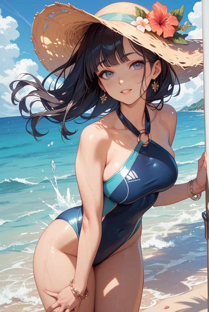 Realistic、Face reality、With a girl、Swimwear、Sexy smile、My breasts have gotten a little bigger、Sexy pose、From the front it looks like a one-piece, but from the back it looks like a mono bikini、