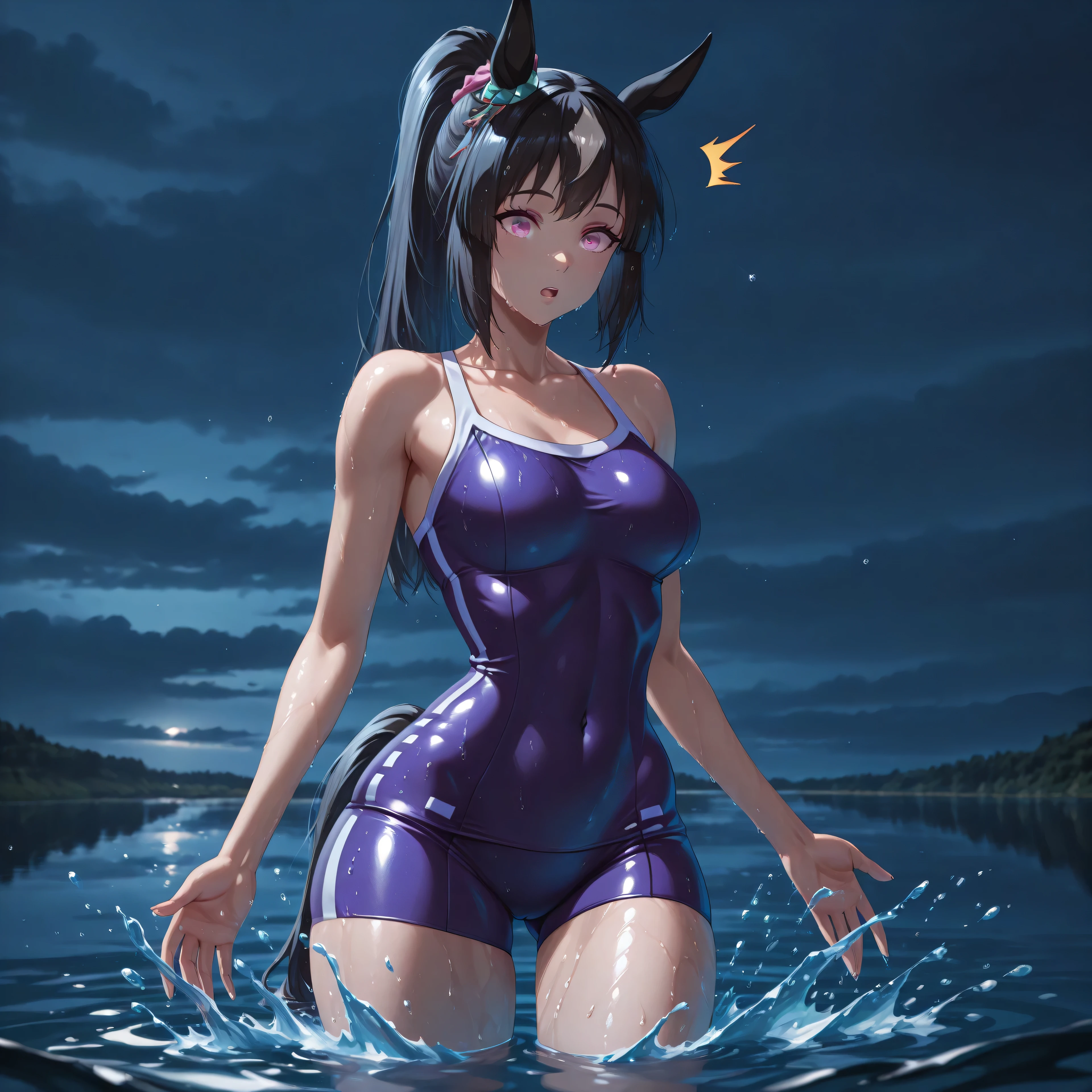 20yo stacy_hirano, black_hair, long hair, blue_bow, white_legwear, Compact body, (nsfw:0.7), posing, dark Navy latex hip-hop outfit, (bokeh effect:1.2). thermal bath night, relaxing spa, warm waters, tranquility <lora:nsfw0.3.6:0.2> <lora:stacy_hirano_v1:0.65>
