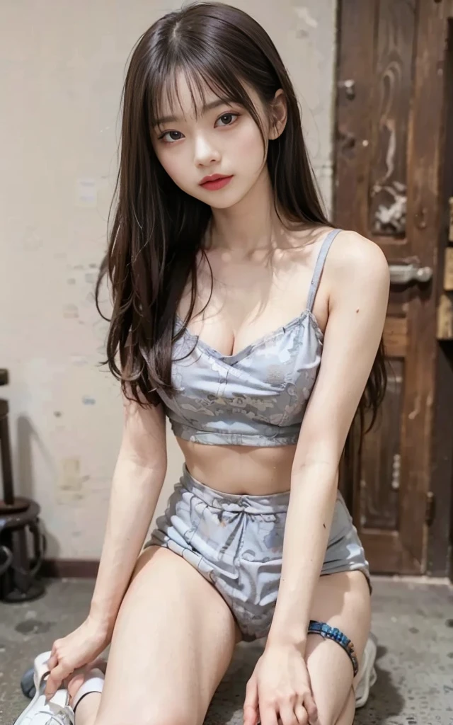 best qualtiy, tmasterpiece, 超高分辨率, (Fidelity: 1.4), RAW photogr, 1girll, Goose egg face, largeeyes,,, long eyelasher, painted light makeup, cropped shoulders, The shirt, cinmatic lighting, Summer nights, Heat, sweat leggs,Fully transparent underwear,,spread their legs,hands behind body