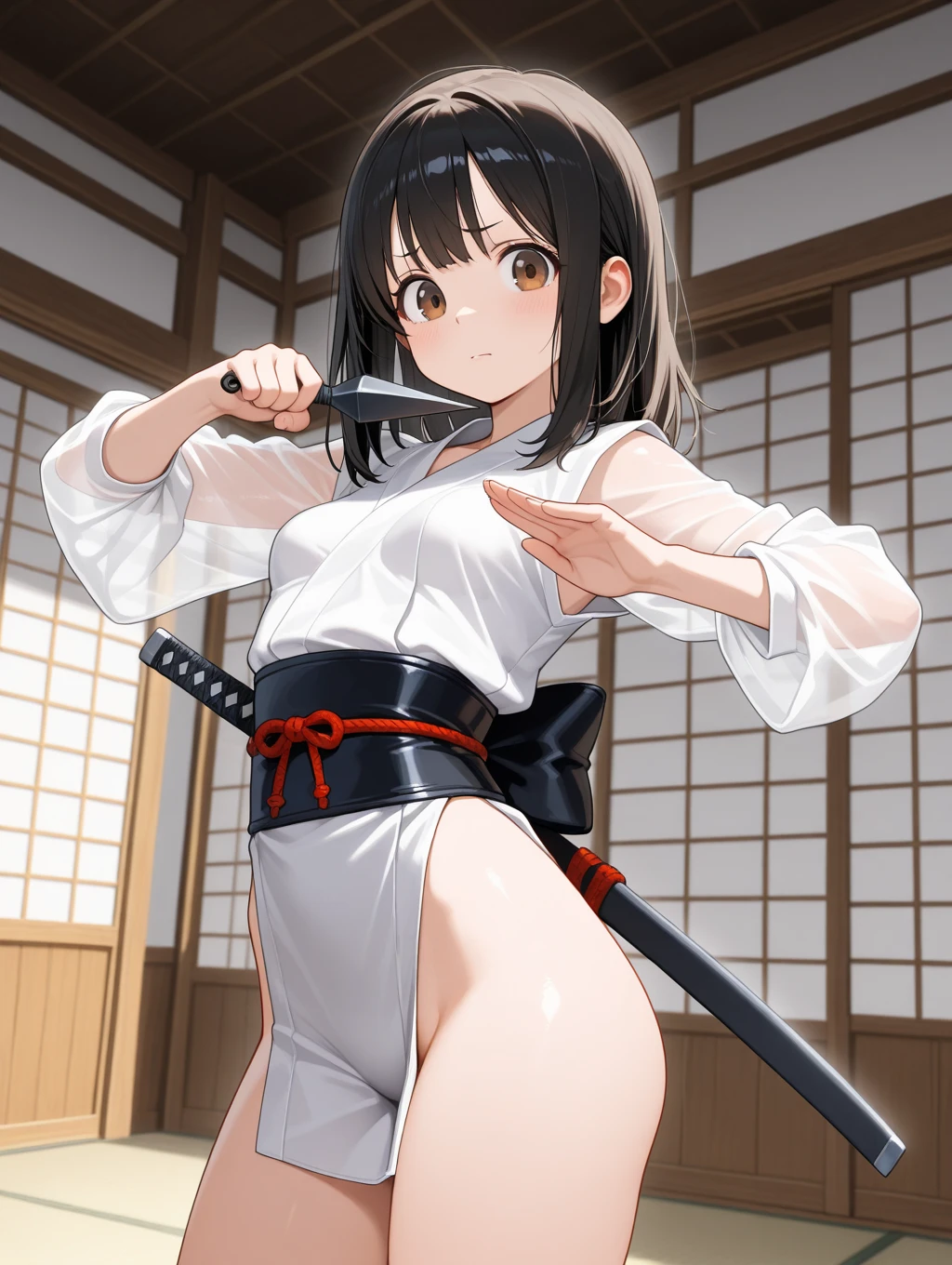 One woman、beautiful girl、high school girl、Hakama、ponytail、Big red ribbon、Long Hair、Budokan、Holding a Japanese sword、Kendo stance、A packed audience、Highest quality, Thick thighs、Big Ass、Black Hair、Sweaty body、Rin々A funny expression、Serious face、Angle from directly below、tabi、Japanese sword swinging pose、Conqueror's Haki Aura、Squatting with legs apart、Blue panties、Close up angle on pantiey legs are shaking、Cramp、Love juice、Dildo underneath、The dildo is touching her crotch、in the ground、The dildo is vibrating、A face that is trying to endure pleasure、Dildo growing out of the ground