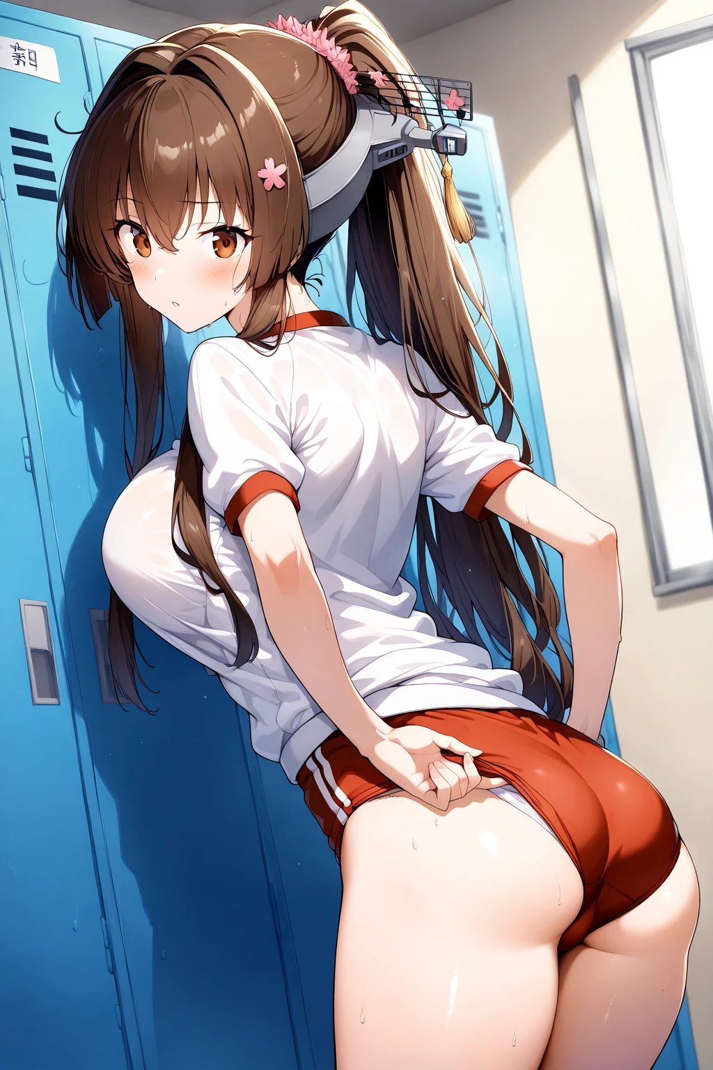 (((1girl))), ((best quality)), ((masterpiece)), ((ultra-detailed)), (illustration), (detailed light), (an extremely delicate and beautiful), (beautiful detailed eyes), (sunlight), ((extremely light)), 

((((white and black gym uniform)))),
school girl,

wavy long, (((dark brown hair))),  (((long hair))),
(((deep orange eyes))), 

((whole body)), aged 14 to 17, 
diamond, beautiful, ((extra elegant)), (((condescending expression))), (sexually mischievous smile),  (((extra adorable))), (((extra slender shape))), 

squatting in the school gym, from below, (((rear view))),

(((extraordinarily thin thighs)))