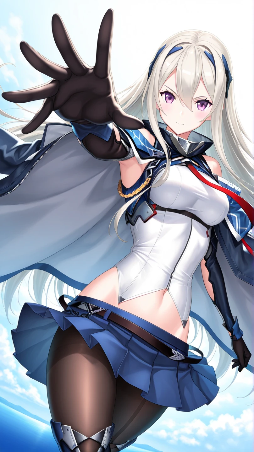 best quality masterpiece, AnchorageV4, 1girl, solo, looking at viewer, navel, cleavage, bare shoulders, shorts, coat, sleeves past wrists, thigh strap, black shorts, sleeves past fingers, open coat, blue coat, very long sleeves,