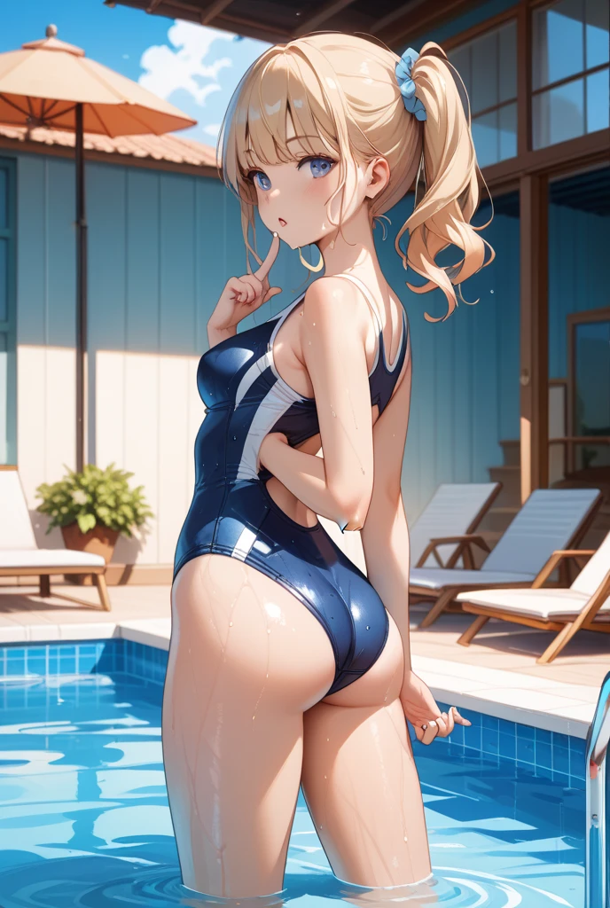 ​masterpiece, top-quality, hight resolution, Hi-Res, ultra-detailliert,kitagawa marin, 1 rapariga, (blonde  hair),Long hair,Pink mesh on blonde hair,O cabelo multicolorido, red eyes, jewely, 耳环, piercings, show the grinps,A smile,open mouth tongue out,Active girls, ((White competition swimsuit)), (Onepiece_Swimsuit),(competition_Swimsuit), Tanned skin wet with sweat, wetting hair,15 year old beautiful girl, Photo session,Perfect Anatomy,B86,W58,H85,adjusting clothes、from behind、Ass、Put your hands on your buttocks,Blue Sea、walking on water