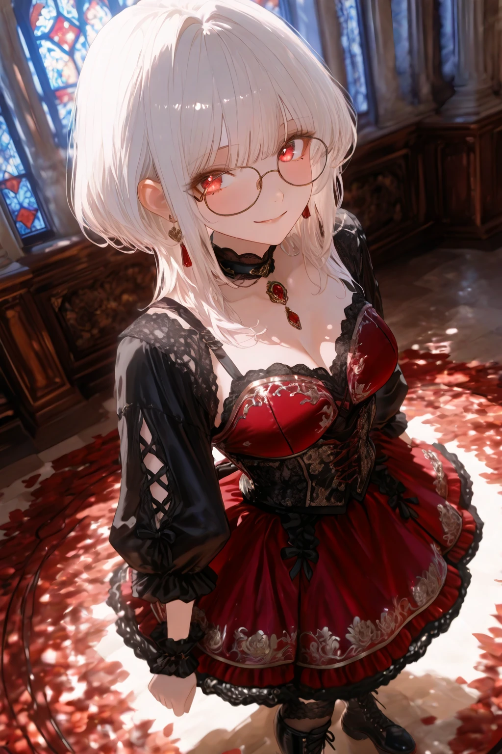 masterpiece, best quality, high-resolution, finely detailed, extremely detailed and beautiful, distinct_image, 1 girl, solo, beautiful young teenage girl, 13 years old, tanned white skin, long waist length hair(pink-red hair)(white highlights), soft facial features, heterochromatic eyes(left eye: silver)(right eye: red), elegant battle-styled sundress, cherry red plump lips, large E-cup ???????, short height(150cm). wide ???? and large round ???, silver round-frame glasses