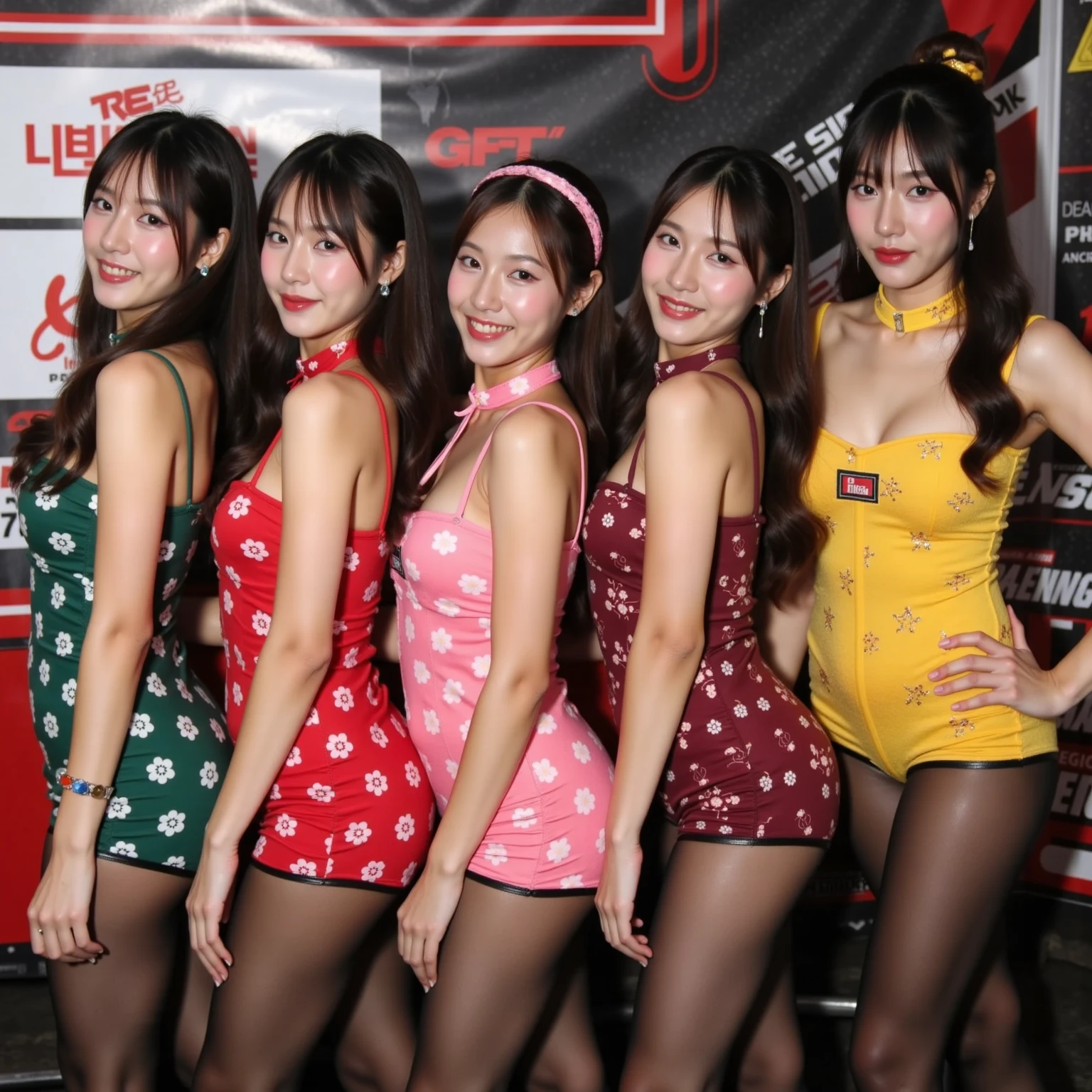 2 Chinese women with glowing red hair, very bright fair skin, medium-sized breasts. Small waist, big hips Wear red shoes with sparkles. Dressed in a green outfit that glows very brightly, like a lightbulb, tight all over,Stand with your arms spread,the background is an old pub with cigarette smoke,real human photo,full body