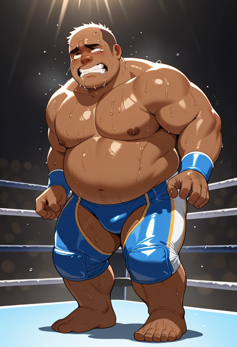 duo, chubby beefy male, brunette, stubble, fat face, wrestling, wet clothing, wrestling singlet, detailed bulge, sweat,