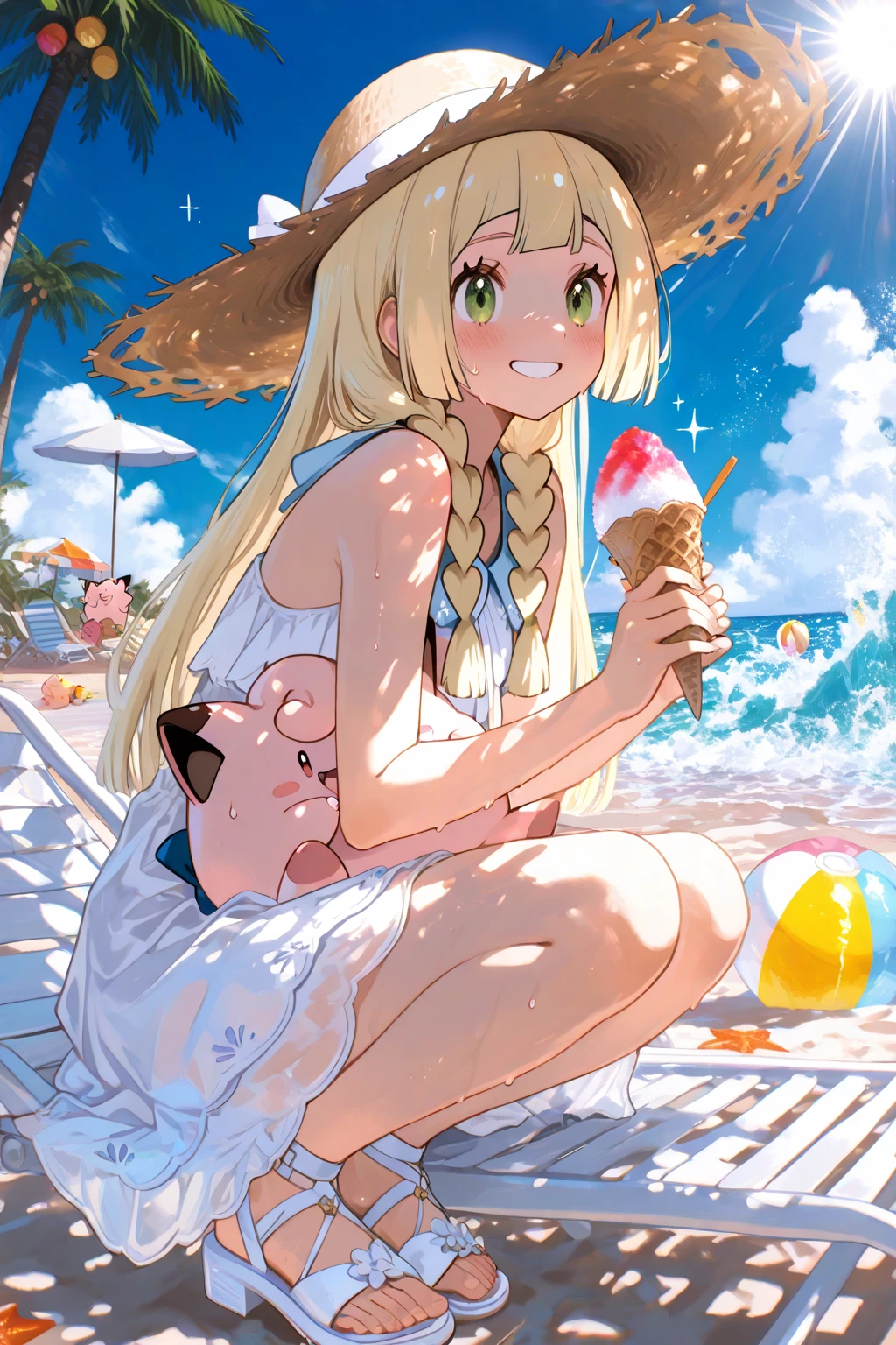 1 girl, wry smile, young girl, pretty face, Multiple long drill hair, Large amount of hair, curly hair in vertical rolls, shiny blonde Long hair, Beautiful blue eyes, huge breasts, She has a large chest but a thin body, white skin, Summer Sea, Seaside, bathing beach, Girl playing with waves on the beach, Dynamic girl, White tank top, white shorts