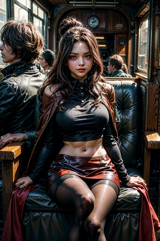 Tabletop, Beautiful woman,、Big Breasts、Huge breasts、Put your chest close、cute、(Japanese 、Japanese)、(Random Hairstyles:1.2)、 on the train、Lace Underwear、(((Black leather jacket)))、Deep slit super micro mini skirt、,(((Black enamel boots)))、garter belt、Brown Hair, feet, (Skin Texture:1.1), highest quality, 超A high resolution, (Realistic: 1.4), RAW Photos, , Nikon D850 film stock photo, F1.6 lenses, Rich colors, Realistic, Cinestill 800, Backlight, Rim Light, Studio Lighting, Erotic photos, Bend、Big Ass、Large Breasts、Sit on the train、Shoulder out、corset of red color,、Night Park