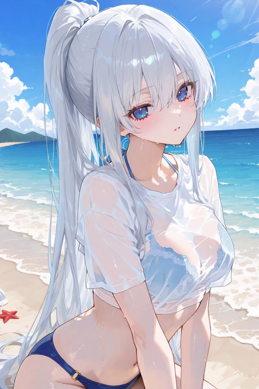 {artoria pendragon_fate ubw:1.15},(((white hair:1.7))), ((detail beautiful _eyes , :1.8)),,, ((Strong light )) ,  ((1 very tall girl:1.9)),((she is high tall:1.7)),, alone,, ((detail very surprised eyes, wide-eyed,:1.8,)) ,squinting,((open mouth :1.7))  ,hair between eyes,,, bare shoulders,, cleavage, , ((( very long straight hair:1.5 ))),                               
BREAK, ((white T shirt, see-through:1.7)) , BREAK ,(( silver lace panties:1.5)) , beautiful light, , close up face:0.2,　detail navel , detail thin thigs, ,    ((spread legs)),                                                                                                                                                                                                                                                   BREAK, ((BREAK ,sitting on gblack liquid:1.8)),((Legs trembling)),  trouble eyebrow, ,                                                                                                                                                                                                          
nsfw,(ecstasy:1.8) ,(slut:1.6),(vulgarity:1.7),(fucked silly:1.8),(steam:1.5),(Wet:1.5),(trembling:1.5),(((Twisting the body:1.7))) ,(drooling:0.2),(sweat:1.5),closed mouth:0.8, wince,(orgasm:1.7), trembling:1.8,　　　　　　　　　　　　　　　　　　　　　　　　　　　　　　　　　　　　　　　　　　　　　　　　　　　　　　 beautiful upper body, Beautiful body, beautiful character design, perfect eyes, Perfect face, expressive eyes, Turning the face side to side,(beach:1.5),in the center of the image, official art,High Definition CG Unity, Perfect lit, bright_front_face_lit, ,(Highest_quality:1.0),4K,Super detailed, photograph, 8k, nffsw, High resolution, absurdes:1.2, kodak portrait 400, film grain, Lens flare, (lively_Farbe:1.2) (beautiful, small breast:1.7), (beautiful_face:1.3),(narrow_waist),((blush)), ((detail nipple)),,sabias, dress,                          　　　　　　　　　　　　　　　　　　　　　　　　　　　　　　　　　　　　　　　　　　　　　　　　　　　　　　　　　