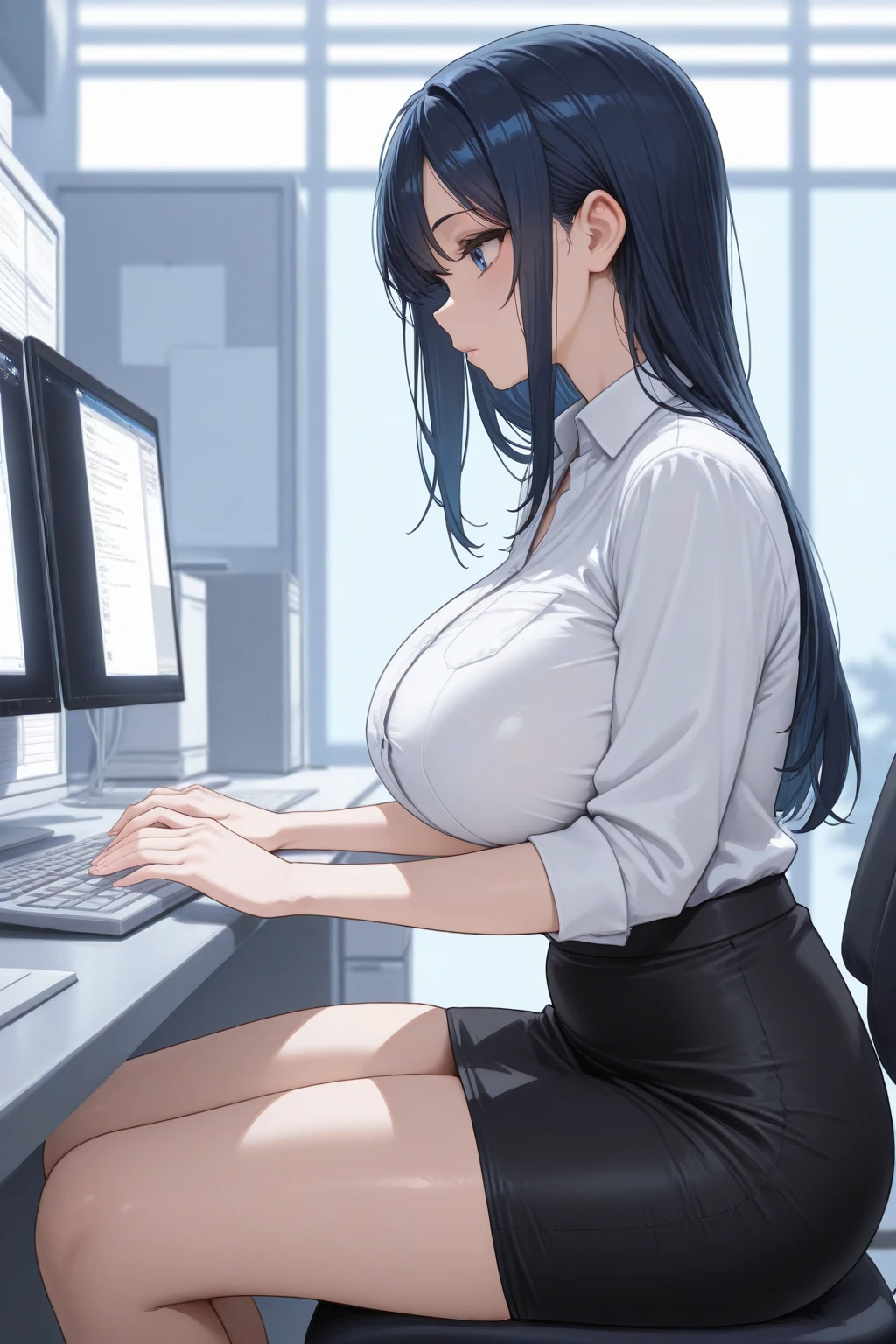One Girl, solo, ((White shirt)), Black knee socks, Proudly, Cleavage,Black panties,Spread your legs wide,Black bra,Big Ass,Large Breasts,Low - Angle,Chair下からのアングル, uniform, officeの背景, Black Skirt, Pleated skirt, office,E Cup, Hair between the eyes, Look at the viewers, solo, Thighs Thighs Thighs Thighs, Thighs Thighs Thighs Thighs, ((masterpiece)), Sit on, Chair, desk work, Computer on the desk, Name tag, ID Tag, in house, blush, Sexy pose