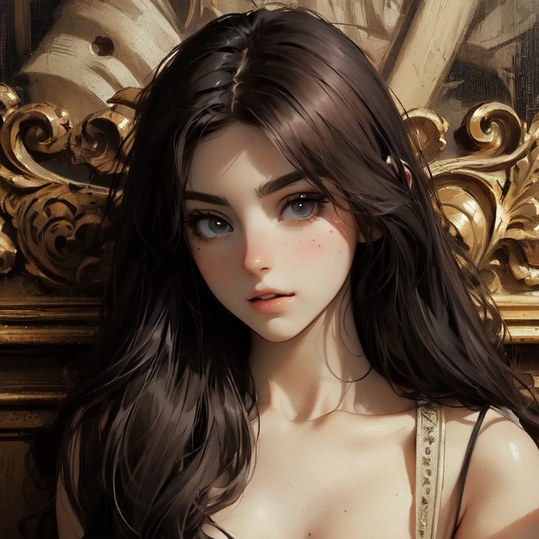 (((portrait, masterpiece))), (((Young beautiful brunette with a deep neckline))), long hair, Looking straight ahead, realistic. highest quality 16k.