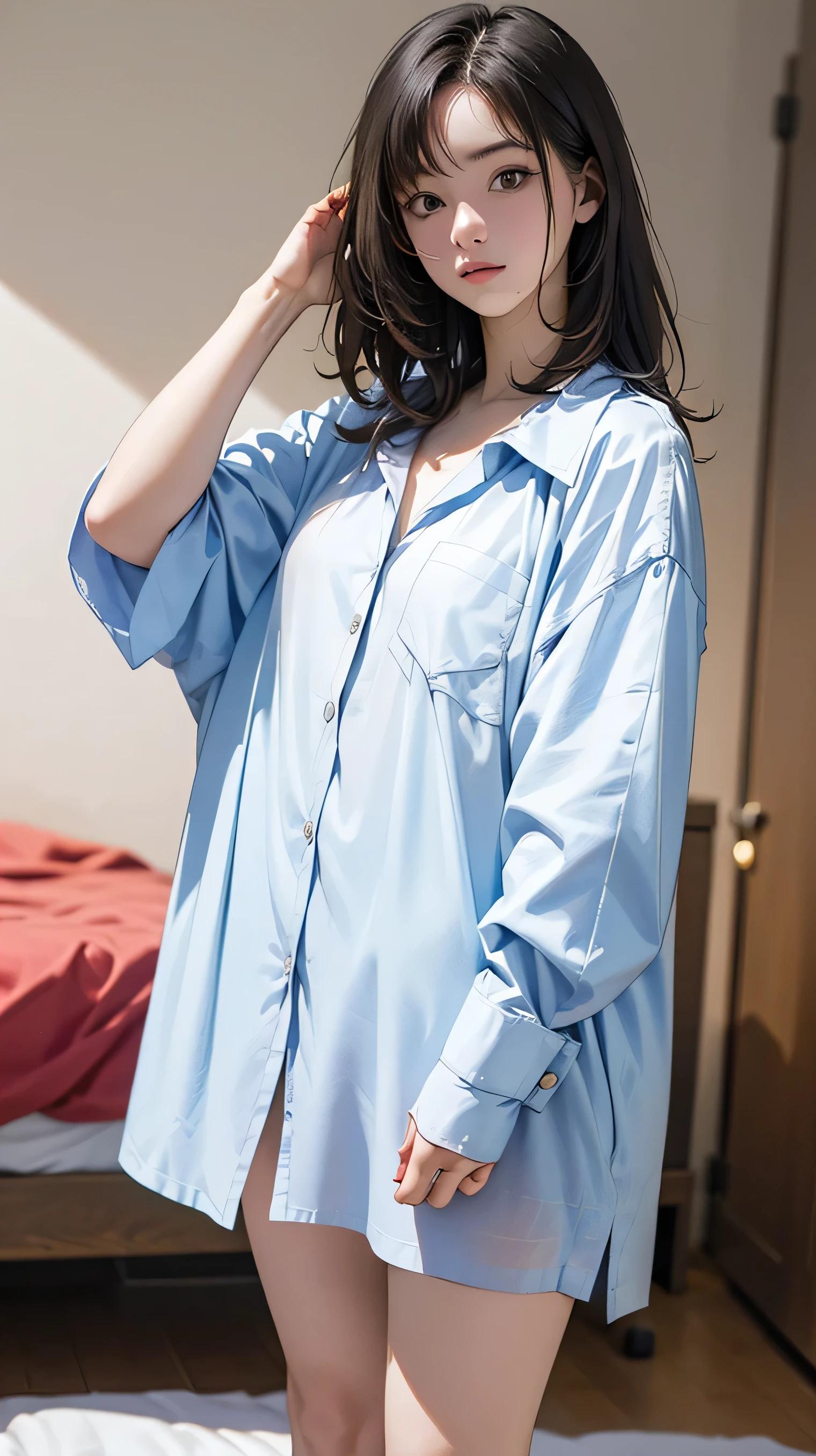 Beautiful Japanese Woman She has a neat and clean look and is similar to Satomi Ishihara. 160cm 83-63-88 Looks like a good shapeDHer open chest reveals her cup breasts She has fair skin and beautiful short black bob hair that reaches her shoulders. A long shirt dress with front buttons that reaches below the knee naked Full body image