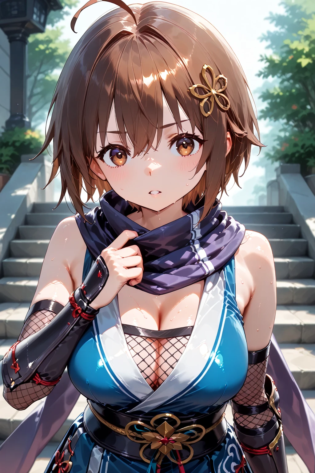 fantasy, blue bikini armor, short brown hair, archer, long bow, bare shoulders, happy