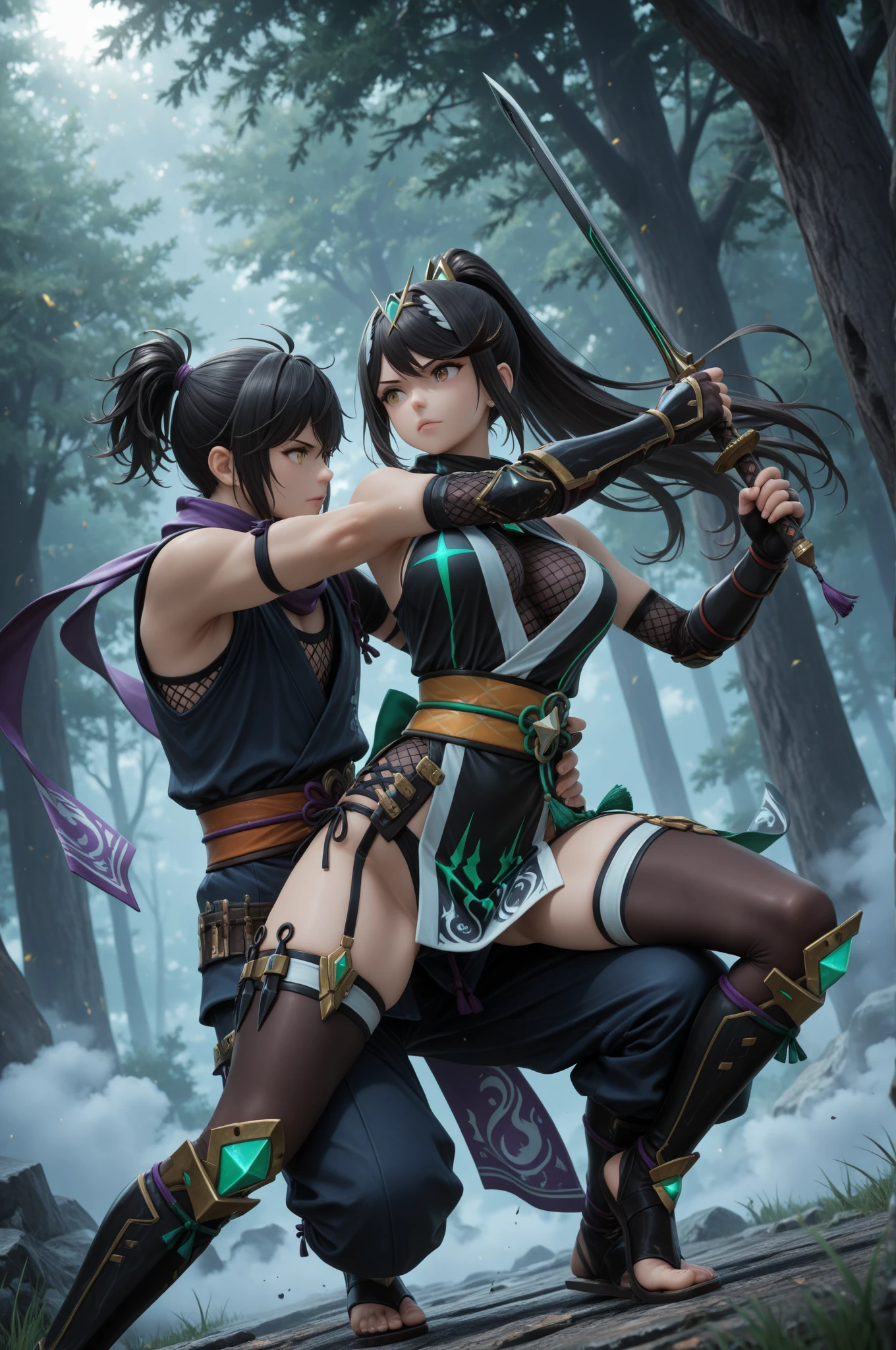 Full body shot of character from Dead or Alive game. Kasumi versus Ayane, same size, engaged in a fierce duel with short swords, showcasing their impressive swordplay and deadly precision. Their long loose hairstyles flow behind them as they battle in a stunning and lush forest setting. Both warriors are dressed in sleeveless kimonos and skirt, adorned with an obi tied to back hip, and accessorized with black thin elbow gloves, 100% black thigh high socks, and small black boots.
