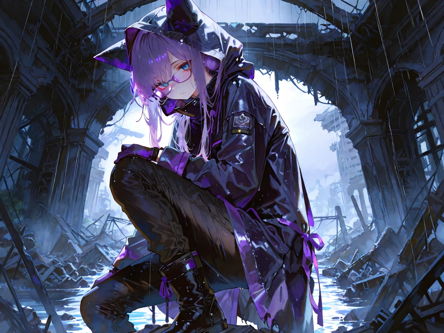 masterpiece,best quality,1girl,AssassinInstall,Hassan's Hood,very long hair,serious,squatting,looking to the side,night,dark,shadow,<lora:illya22outfits:0.7>,