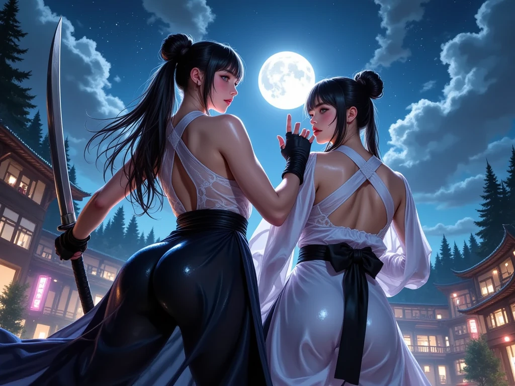 ganyu\(genshin impact\), 1girl, ahoge, buliding, By bangs, cropped shoulders, bell, Black gloves, Black tights, ((blue hair)), Blushlush, breasts, Chinese knot, the sleeve, east asian architecture, flower knot, mitts, horn, long whitr hair, looking at viewert, middlebreast, Neckbells, the night, exteriors, lacepantyhose, purpleeyes, temple, solo, nipple tassels, White sleeves, ((masterpiece))，Camel toes