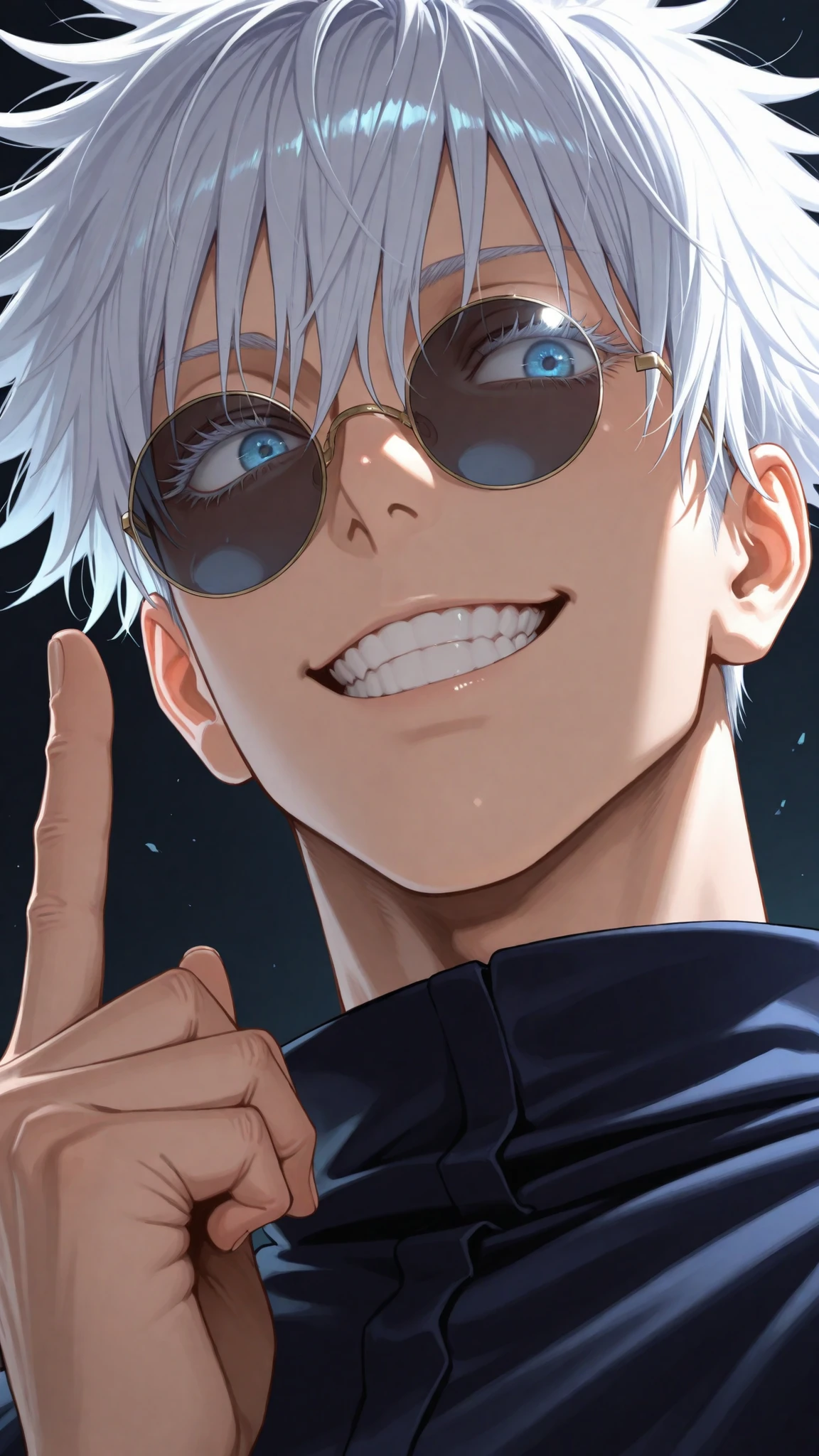 masterpiece,best quality,1boy,elder,male focus,gojou satoru,jujutsu kaisen,blue eyes,eyelashes,sunglasses,round eyewear,short hair,hair between eyes,grin,index_finger_raised,turtleneck,dutch angle,from_below,sideways_glance,