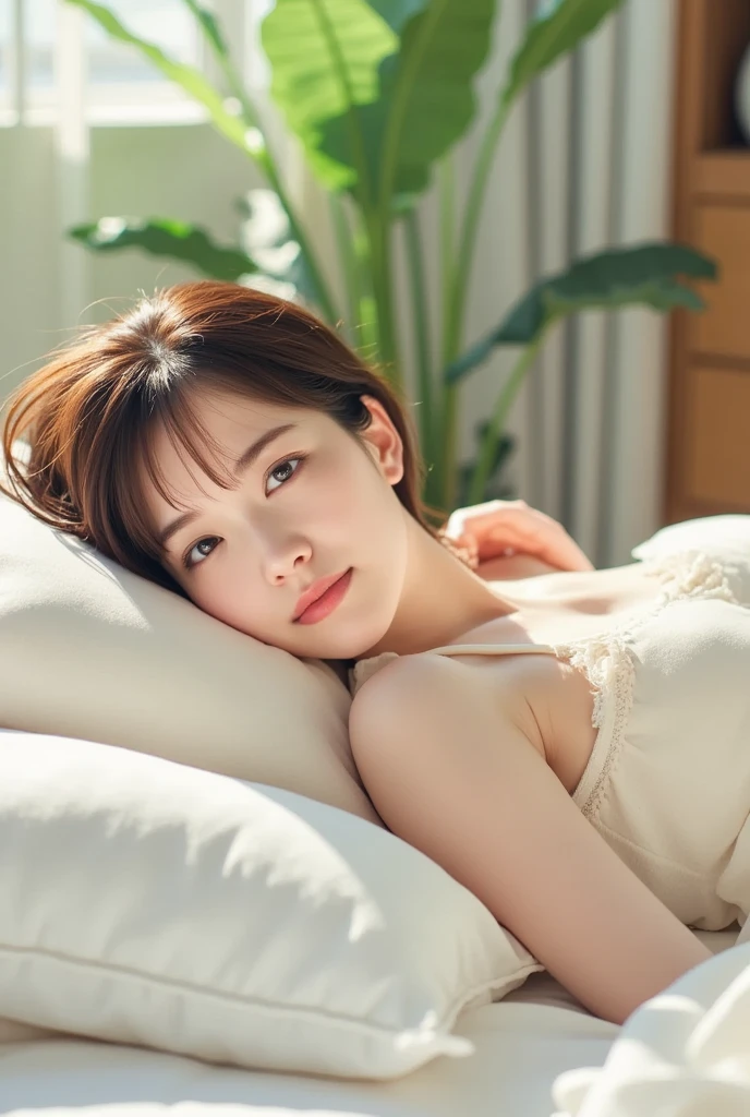 1 girl, Highest quality, masterpiece, Ultra-high resolution, (Realistic:1.4), RAW Photos, 1 girl, short hair, Cinema Lighting, Beautiful blonde hair girl sleeping in bed, wearing floral pajamas, Beautiful clavicle、Shoulder Bare、whole body、Shorts