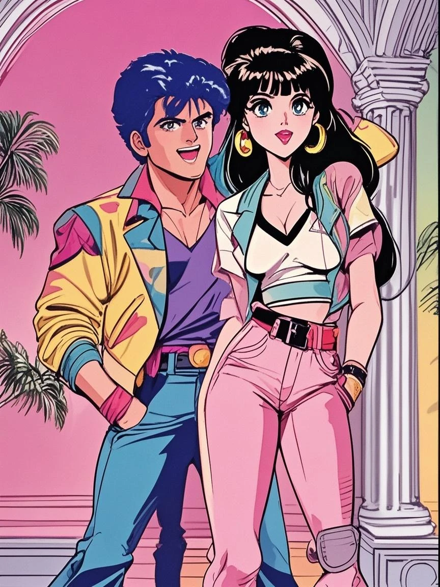 1boy, naked, 1girl, long hair, jacket, flower, shirt, skirt, torn pantyhose, high heels, boots, lipstick, medium breasts, jewelry, hud_jem_boxart, colorful retro artstyle, colorful background, neon, palm trees, <lora:jem_style_sd15-000007:0.6>