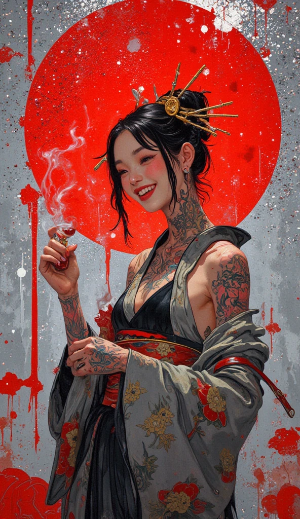 masterpiece、Highest quality、Realistic photos、Thick Fog、A beautiful Japanese girl in a very elaborate red kimono、((((On both hands、Precisely holding the skull of a Caucasian adult male))))、(((She spreads her legs to show her vagina)))、((Red background))