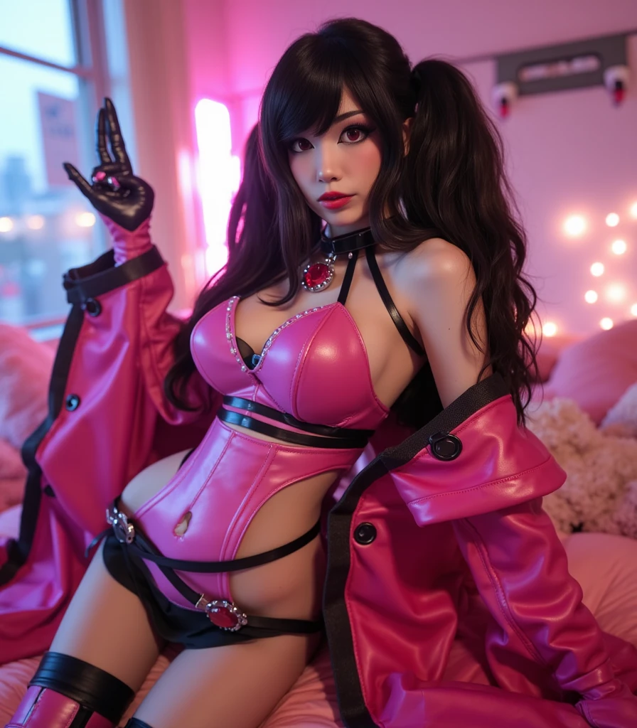 Sitting on a bed, fluffy bedsheets, cowgirl pose, snow on the ground, shy, beauty spot on chin, wearing a loose oversized hoodie, off the shoulder, fishnet leggings, hypebeast fashion, sexy thighs, side pose, small mole on the chin, blushing, neon lights in the background, detailed background, raining, long sleeves, neck choker with necklace, long necklace, evil look, detailed digital anime art
