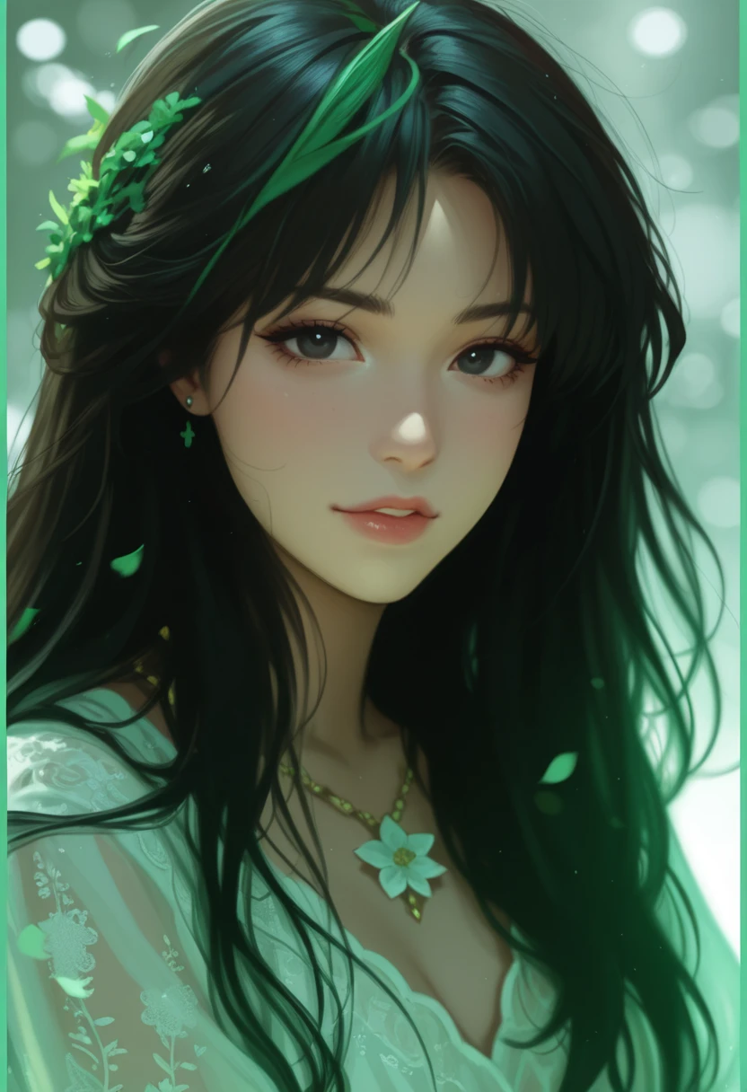 girl, faint smile,of shiny hair,green eyes,White skin,Wearing a wreath on the head,Flowers in hand,garden with many flowers