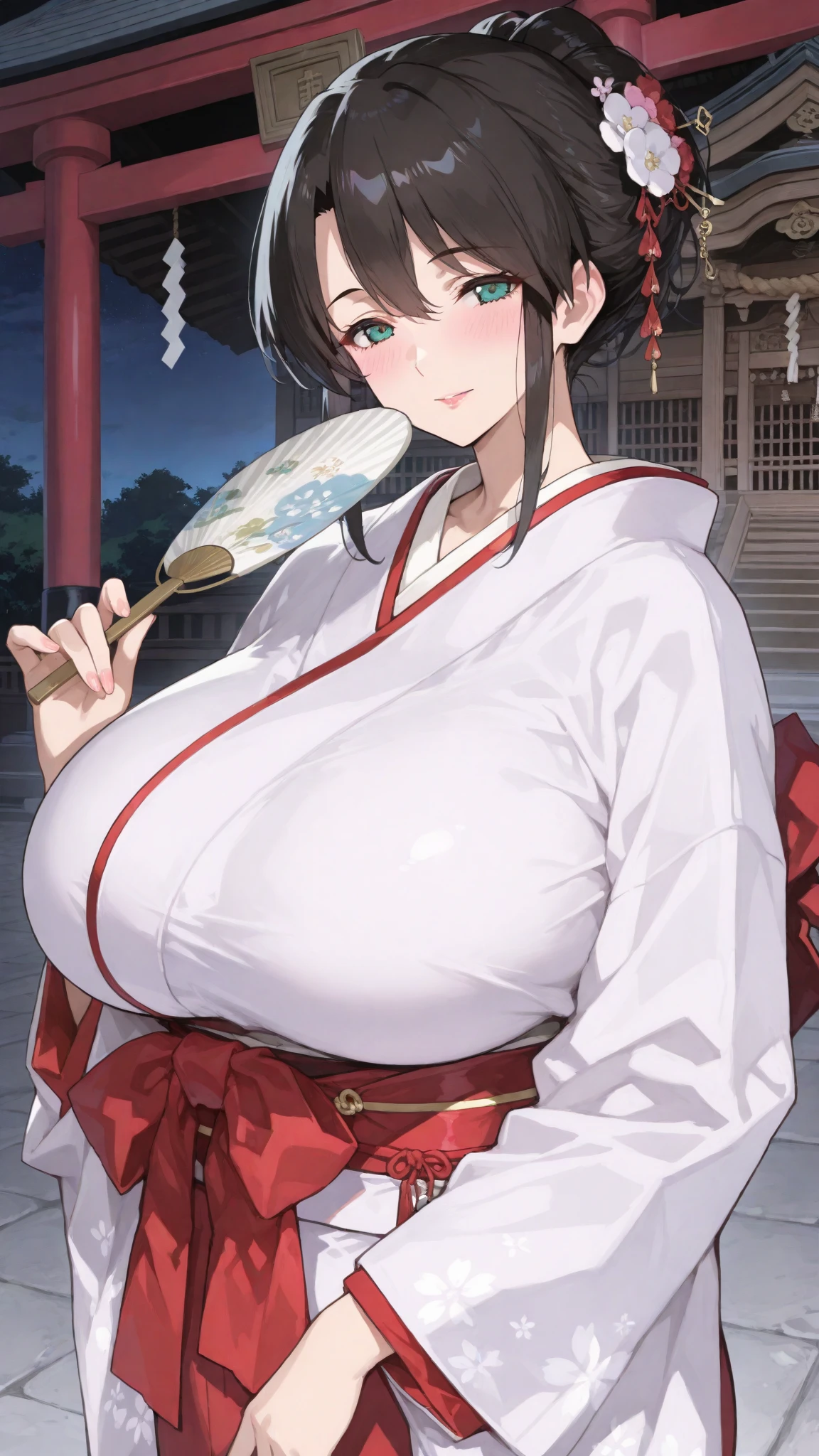 masterpiece, 1 girl, ((topless)), underboobs, intricately detailed, huge nipples, puffy nipples, navel, bare shoulders, short brown hair, men on the background, pond, extremely detailed, game, bare stomach, sweaty, moist breath, collarbones, sweaty, embarassed, smiling, aqua eyes, red hakama, bead necklace, holding paintbrush, body graffiti, cleavage, arm strap, sideboobs, hakama, shrine maiden, japanese shrine, scenery, full body