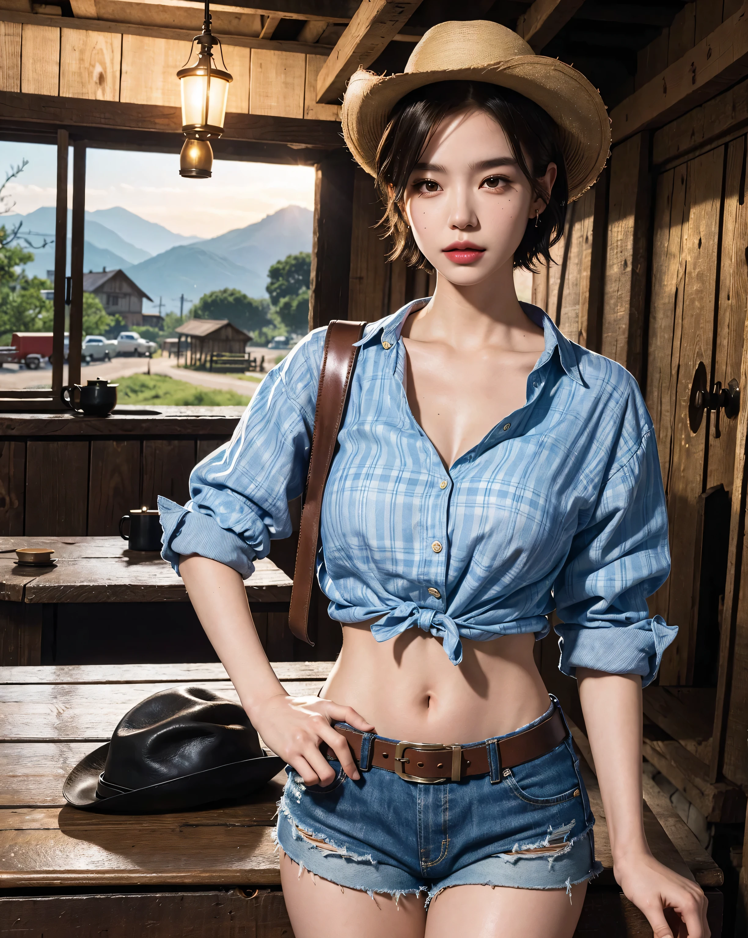 Cowboy Shot、Agriculture、((Tractor))、(((There is a hoe and a spade)))、Muddy、Portrait of a beautiful woman on the farm:1.6 , (Straw hat), Fringe Vest , ((Long Sleeve Flannel Shirt)), scarf , boot , Black Short Hair、((Brown Skin))、((Simple bra))、Medium chest,High resolution、high resolution、In 8K、Real Live Action、RAW Photosgraphy、highest quality、masterpiece、Tabletop、erotic,Sunburned skin,knees, Absurd,Small Face、Big Breasts,masterpiece,highest quality、超A high resolution,RAW Photos,Len,Beautiful poop,one person, solo,whole body、very nice、Japanese women,standing,（Photorealistic：1.4）、Photon Mapping、Realistic、cute、 Adult female、物理ベースLenダリング、prospect、Depth of written boundary、Blurred Background、picture,Girls、body,Beautiful feet, Long legs,Thin legs、 Lips, Nose Soft, kneesが見える,See-through clothing、Sparkling eyes、Glossy Lips、Too bright natural light、Bright sun、Too bright sunlight