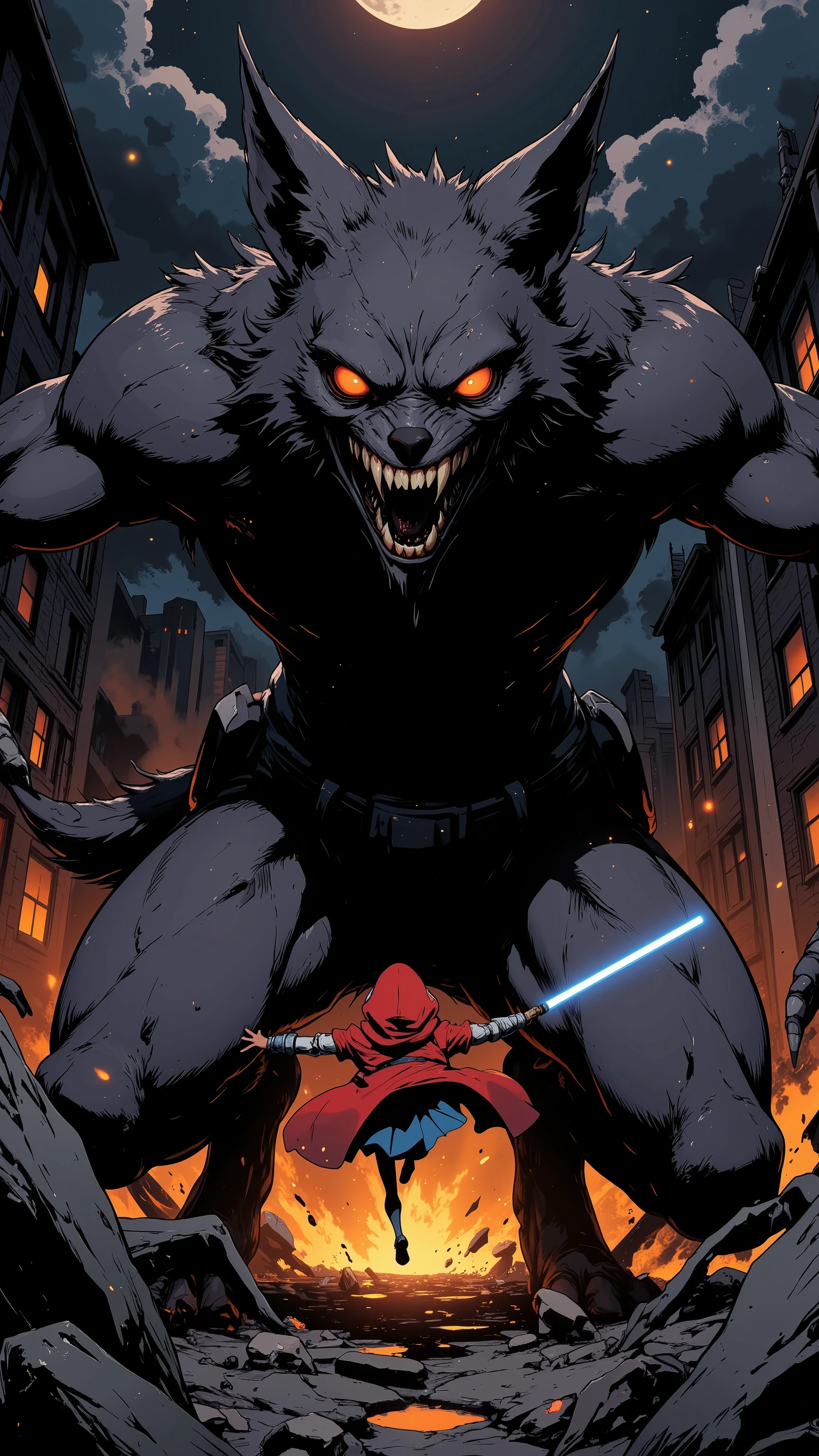 anime image of Big Bad Wolf, mechanical body, thick fur, dark grey color, orange eyes, muscular, crouching stance, sharp claws, sharp fangs, colossal size, he is rampaging in the city, destroyed buildings, flame, smoke, dark sky, moonlight. a little red riding hood figure jumps in front of the wolf, view from behind, holding a light saber, dynamic angle, low angle, dramatic scene, anime style, CyberpunkHorrorAnime