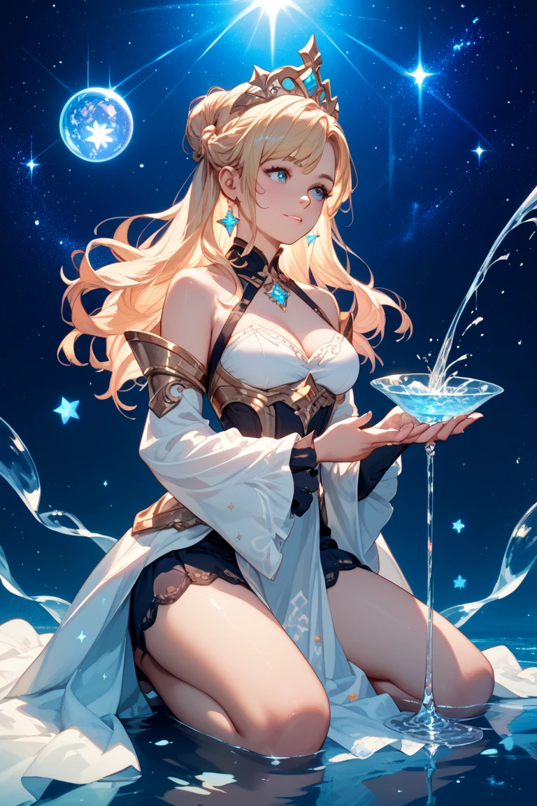 Attention to detail, high quality, high resolution, 4K, 8k,masterpiece, best quality,8K, Ultra-high resolution, a girl relaxing in a hot spring, she has long linen hair, flowing hair, beautiful eyes, green eyes, moon on the sky, reflect