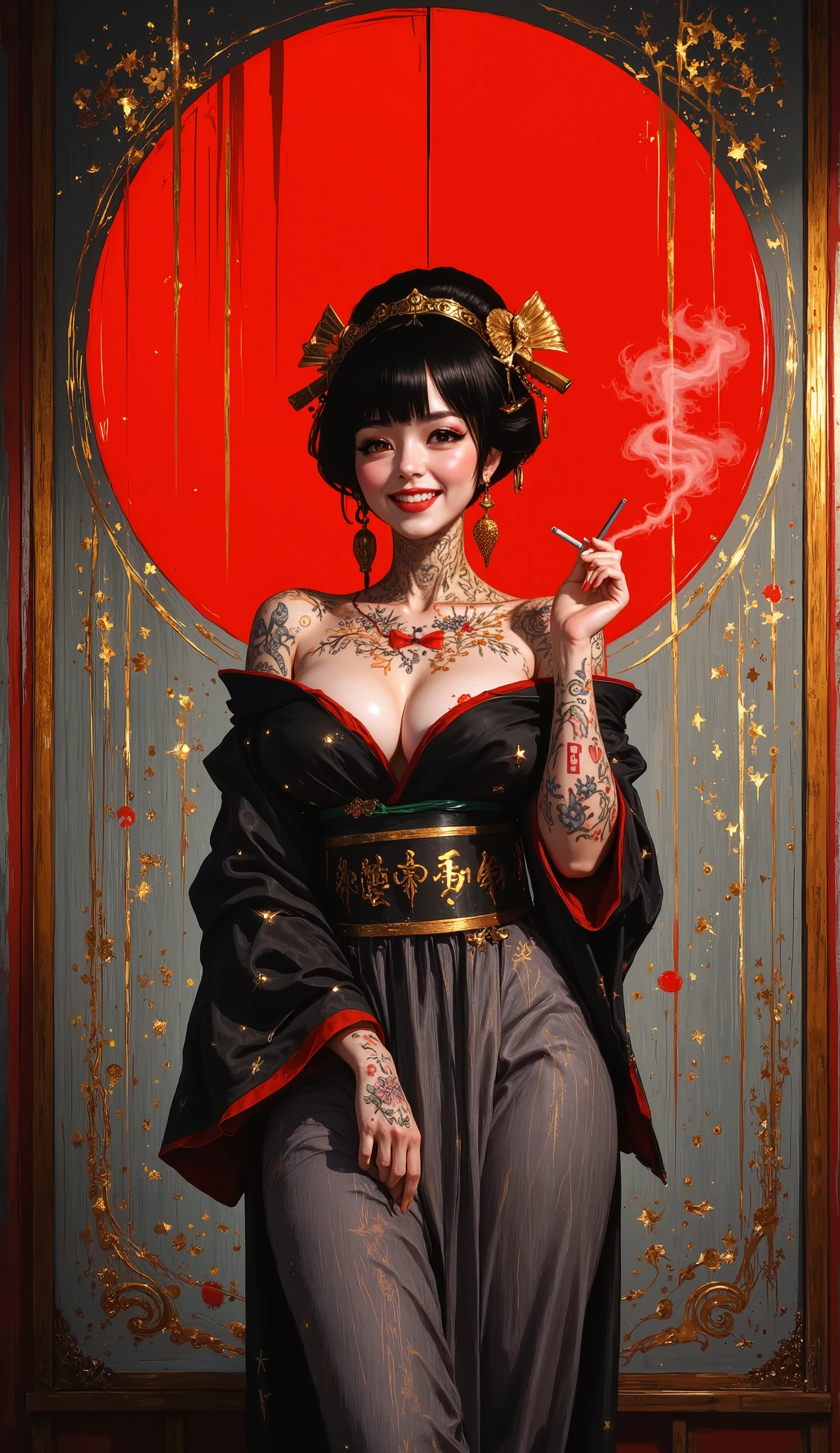 there is a Chinese Geisha woman standing, 3 d neon art of a woman's body, neon-noir background, cyberpunk femme fatale, seductive cyberpunk dark fantasy, cyberpunk strip clubs, cyberpunk 20 y. o model girl, oppai cyberpunk, banner, high definition cgsociety, cgsociety masterpiece, trending on cgstation, kda, random hair, looking at camera, gigantic breasts, cleavage, (high detailed skin:1.2), 8k uhd, dslr, super lighting, high quality, film grain, high res, highly detailed, hyper realistic, beautiful face, beautiful body, beautiful eyes nose lips, alluring expression, very bold, full body photo, standing legs apart, pale translucent glowing skin, most beautiful face, cute, (dark plain black background:1.4))