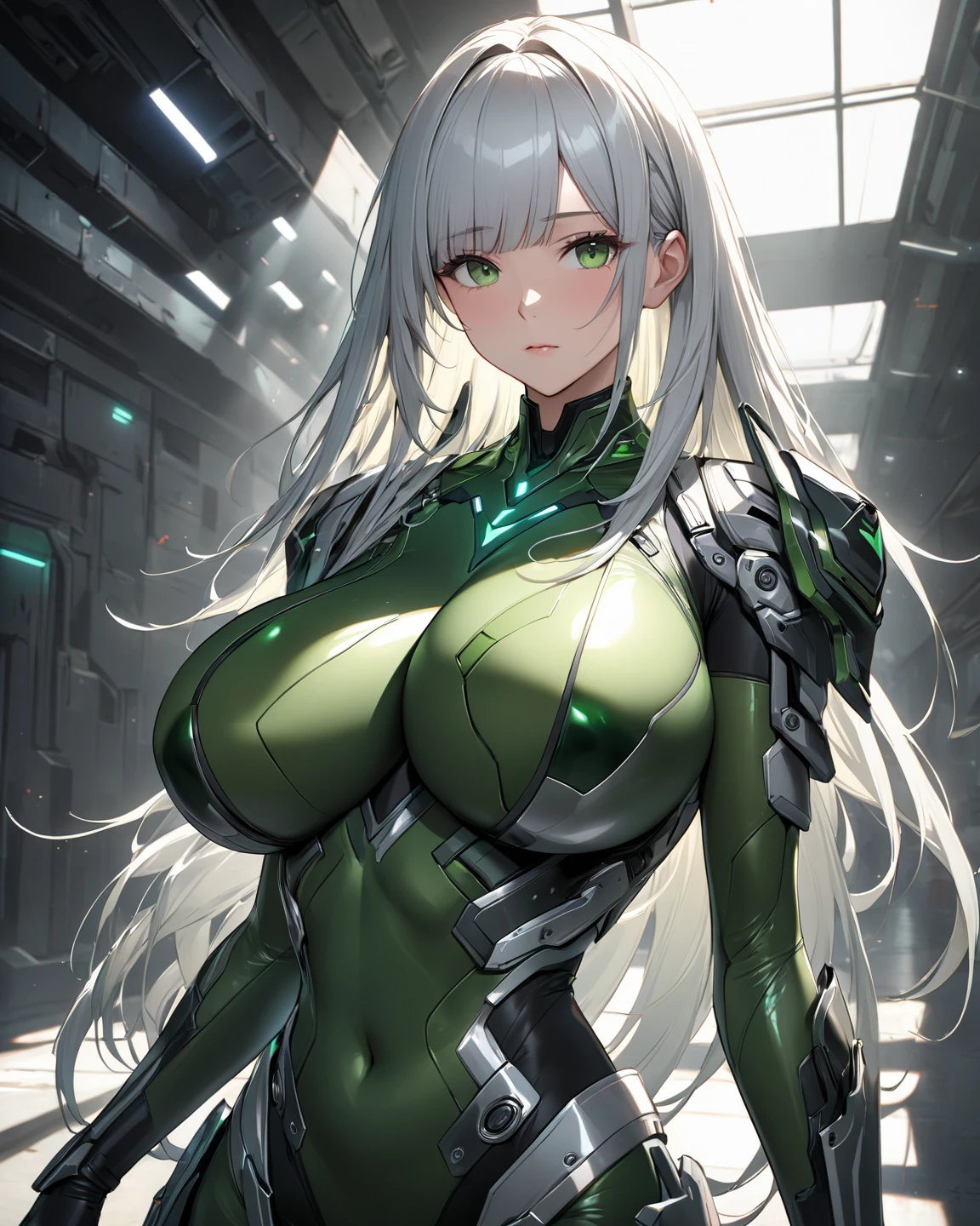 Milf, woman in a futuristic suit, highly detailed face, cool, mom, tomboy, very large breast, (Milf), mature face, (mature female), cybersuit, anime girl wearing tight suit, milfication, Elegant body, navel focus, naked body, gloves, earrings, science fiction, female protagonist, standing, volumetric light, detailed lighting, detailed textures, oppai cyberpunk, biomechanical oppai, masterpiece, best quality eyes, sci-fi background, futuristic landscape, low angle, (smooth surface), (simple body suit), green hair