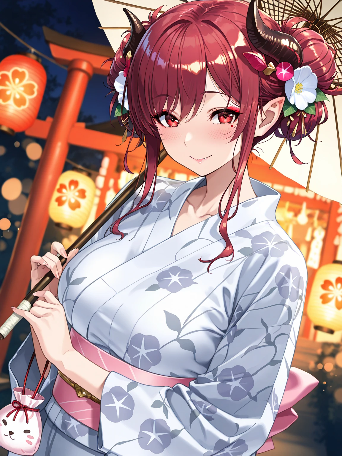 (masterpiece, best quality), 1girl, solo, looking at viewer,
<lora:Ratetaso-v1:0.95>, thick thighs,
upper body,
from side, from above,
grin, teeth, smile,
plum hair, medium hair, asymmetrical bangs, sidelocks, Low Braided Ponytail with Ribbon Tie,
light yellow eyes, tareme,
huge breast,
kimono, japanese clothing, sash, colorful clothing, floral print, frills, <lora:colorful_dress:0.5>, colorful_dress,
arms extended wide, expressing openness,
night, outdoors,