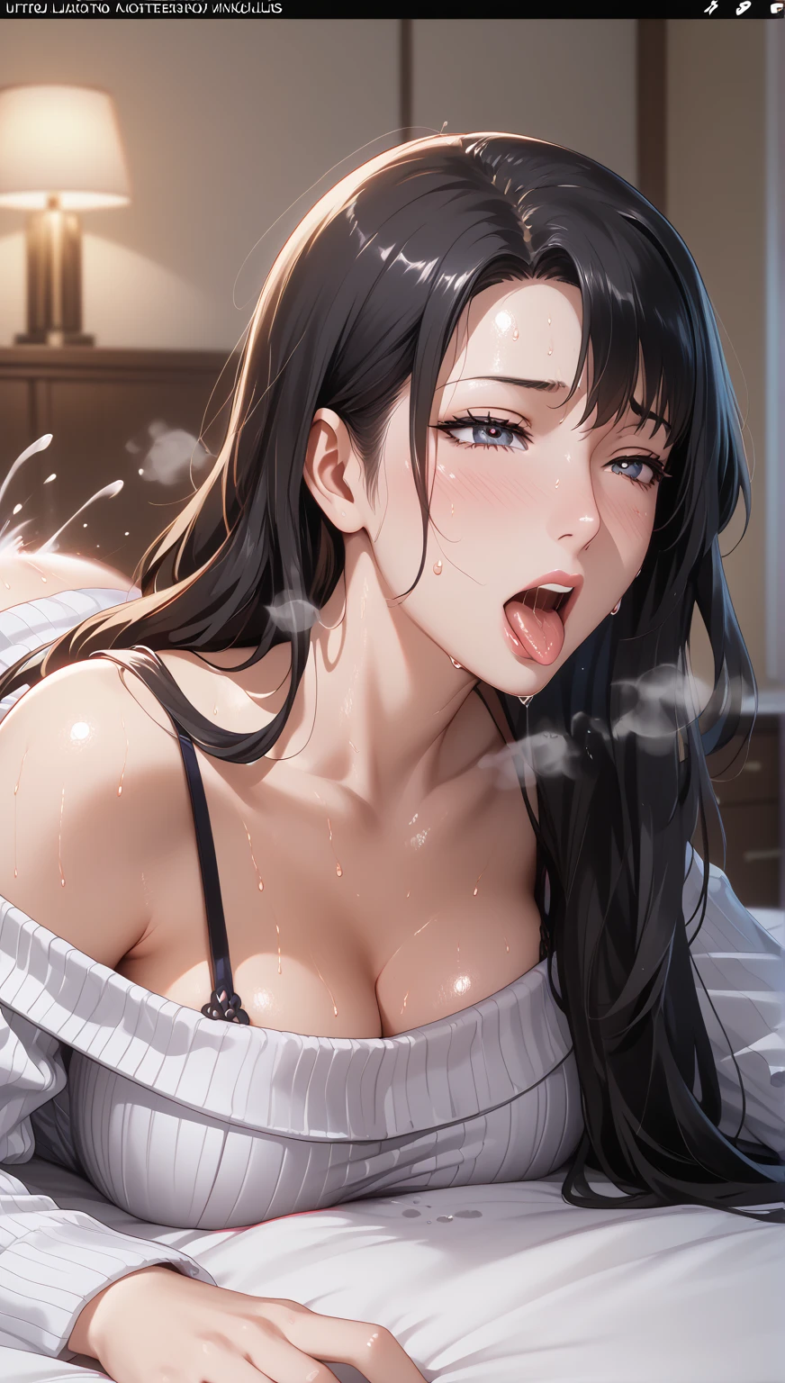 nsfw:0.5, (((HHH))), a precious special eroticism porn scene, Express all her emphasized feelings through her facial expressions and posing, 
ultra masterpiece, ultra high quality, spectacle scale, photorealistic:1.3, ultra high resolution, described in ultra fine detail down to the minutiae, sharp, clearly, textured, depth of field, professional composition and lighting, (close-up shot), from below,
sexy, sensuous, erotic, eros, horny, sexually aroused, craving:1.1, (panting), messy, loose, sticky slimy, (raw), shiny, glaring, rich in color,
high grade flashy courtesan, (looking up and (enraptured:1.1 rapt:1.1 (half-open)) bedroom eyes to downward camera view)), 
wearing wrinkled (((vivid white color (shiny satin) sexy pajamas dress))), skindentation, Wedgie, erect nipples, itching pussy,
beautiful sexy face, detailed mouth:1.1, detailed too shiny lips:1.1, large firm breasts, Delicious body, oily wet translucent skin, messy loose (updo) with side-swept bangs hair, gold simple necklace earrings,
((blush)), (((sweat))), a little particle sweat drops, (((steam))), ((sigh)), ((((drooling)))), (((((ecstasy))))), ((((orgasm)))), (((ahegao))), ((((cum on body)))), 
((blissful:1.5 ecstatic expression:1.1)), oral vagina, Drooling slimy tongue, Give me her special H service that captivates boys, ecstatic attentive escort service  energetically, late night when sexual desire increases, Her sexual energy has increased, Anyway she is a very intense pervert, 