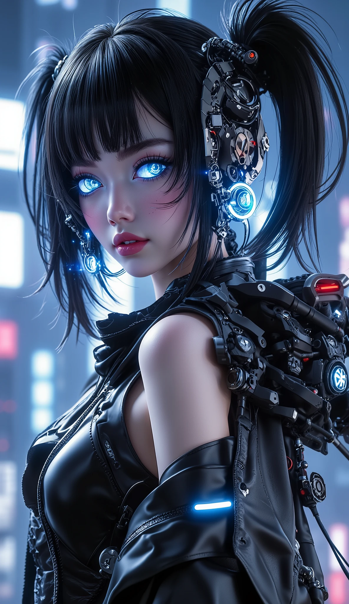 realistic woman Kusanagi Motoko,Ghost in the shell ,Prosthetic body(1 fille),(Ghost in the shell style:1.0),realistic Ghost in the shelll with guns,Portant des collants en résille blancs,front,1fille,(Big eyes:1.2),(nice eyes:1.2),(nice face:1.3),(Detailed face:1.3),(ssmile),(Muscle:1.1),(Sensuel:1.3),(thick thighs:1.2),(body wet with sweat),(the background is black:1.5),(Blurred background:1.2),(head of'artwork,la plus haute qualité,ultra haute résolution,Super detailed,8k),Background'screen,L'background is Cyberpunk City
