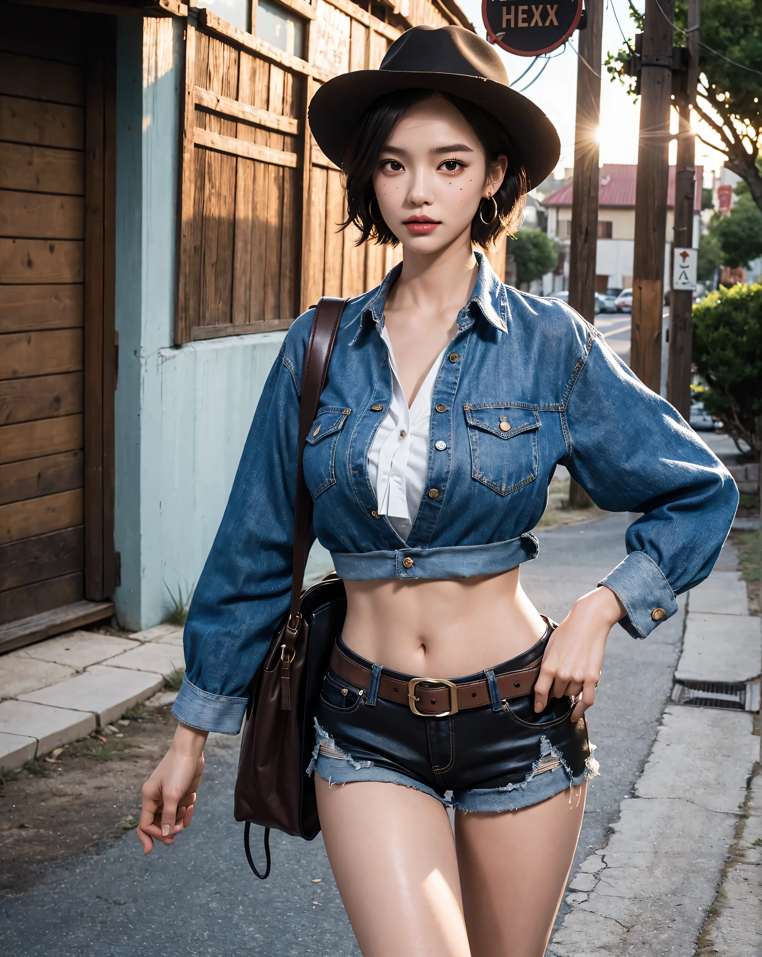 (((Misako Renbutsu)))Beautiful Young Female ((Twin Braids covering nipples)) (at Dusk City Street), extremely delicate and beautiful,Outstanding light and shadow, Professional portrait (Face Closeup from below), Semi-nude photography, backlighting, (((Unbuttoned White Shirt with beltbra))) Skinny Shorts, {(Tyndall effect)|lens flare|bloom|[chromatic aberration]} (Oodles Blurred Colorful Lights (Starry particles)), (TopQuality Masterpiece of 8K Ultra-detailed DigitalPainting (by Jeremy Lipking))