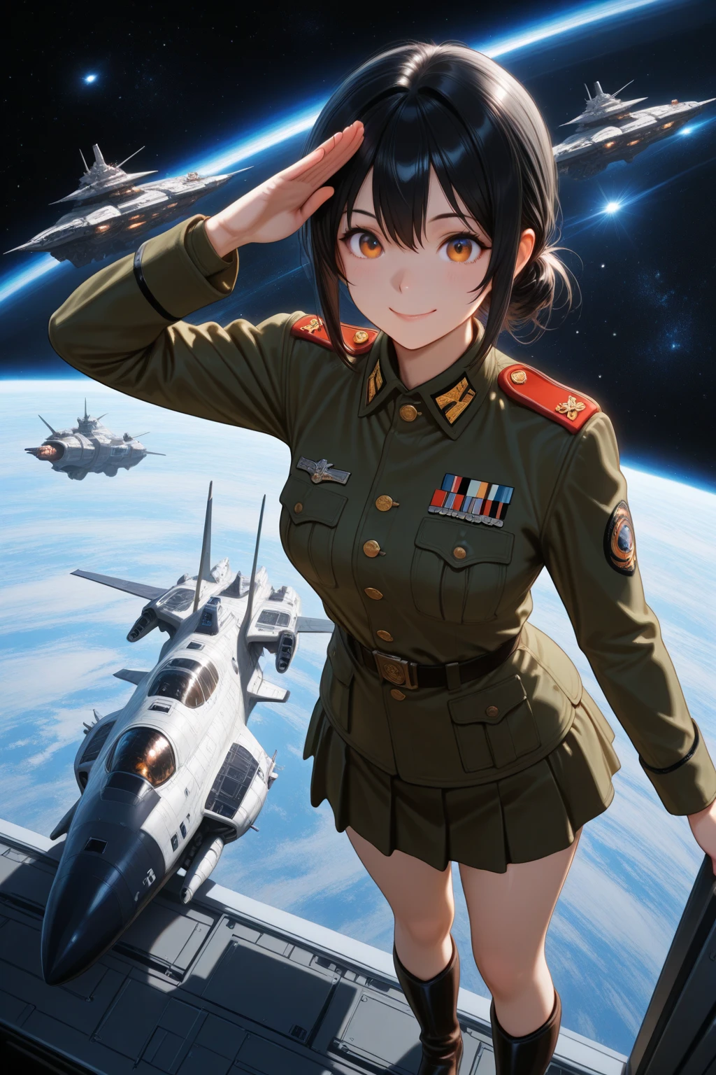 Masterpiece, realistic, sci-fi science fiction, realistic sci-fi movies, detailed facial features, realistic, in a single shot, detailed fighter planes, realistic high-tech fighter planes, cinematic angles, shades that Most realistic, detailed environment,( beautiful CG:1.4 ),Standing on an aircraft carrier in the sky,Detailed realistic eye sockets,Fantastic shadows,Tonal coverage,Beautiful colors,Woman,adult,short,small chest,26 years old,dark green eyes, Purple-black hair, two braids in the back, smooth bangs in the front, red glasses, a solemn expression, (ref. WWII white German Air Force general uniform: 1.5 )